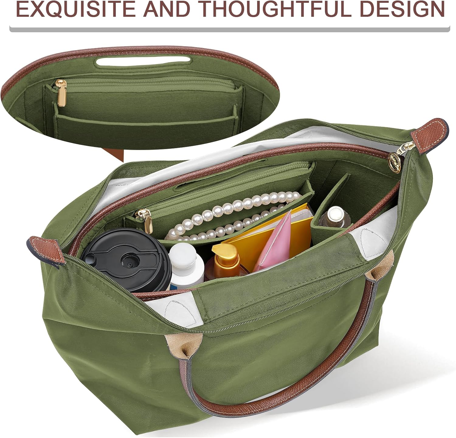 DOIAPUOS Felt Purse Organizer Insert for Longchamp Le Pliage L Bag Handbag Leather Edge Longchamp Organizer Insert (Olive Green, Large) image number 5