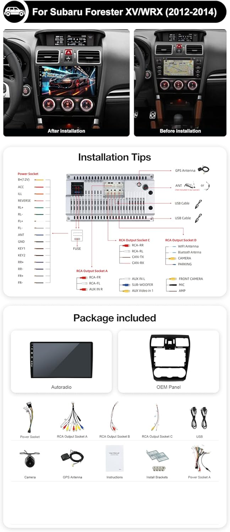 Android 14 IPS Car Stereo for Subaru Forester XV/WRX (2012-2014) - Built-In Wireless Carplay + Android Auto - 2G+32G - Rear Camera Free - 9 Inch 2 Din - Steering Wheel Wifi 4G DAB Fast-Boot image number 3