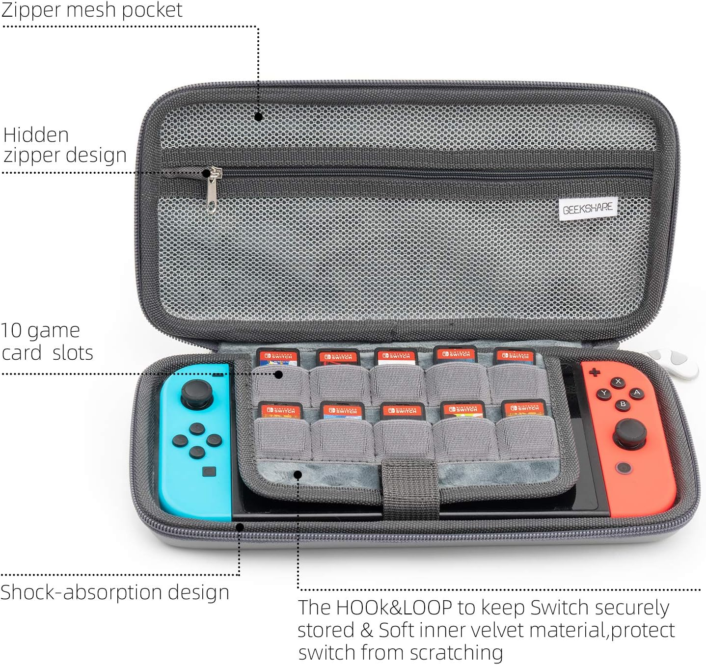 Geekshare Cat Ears Carry Case Compatible with Switch - Portable Hardshell Slim Travel Carrying Case Fit Switch Console & Game Accessories (Grey)