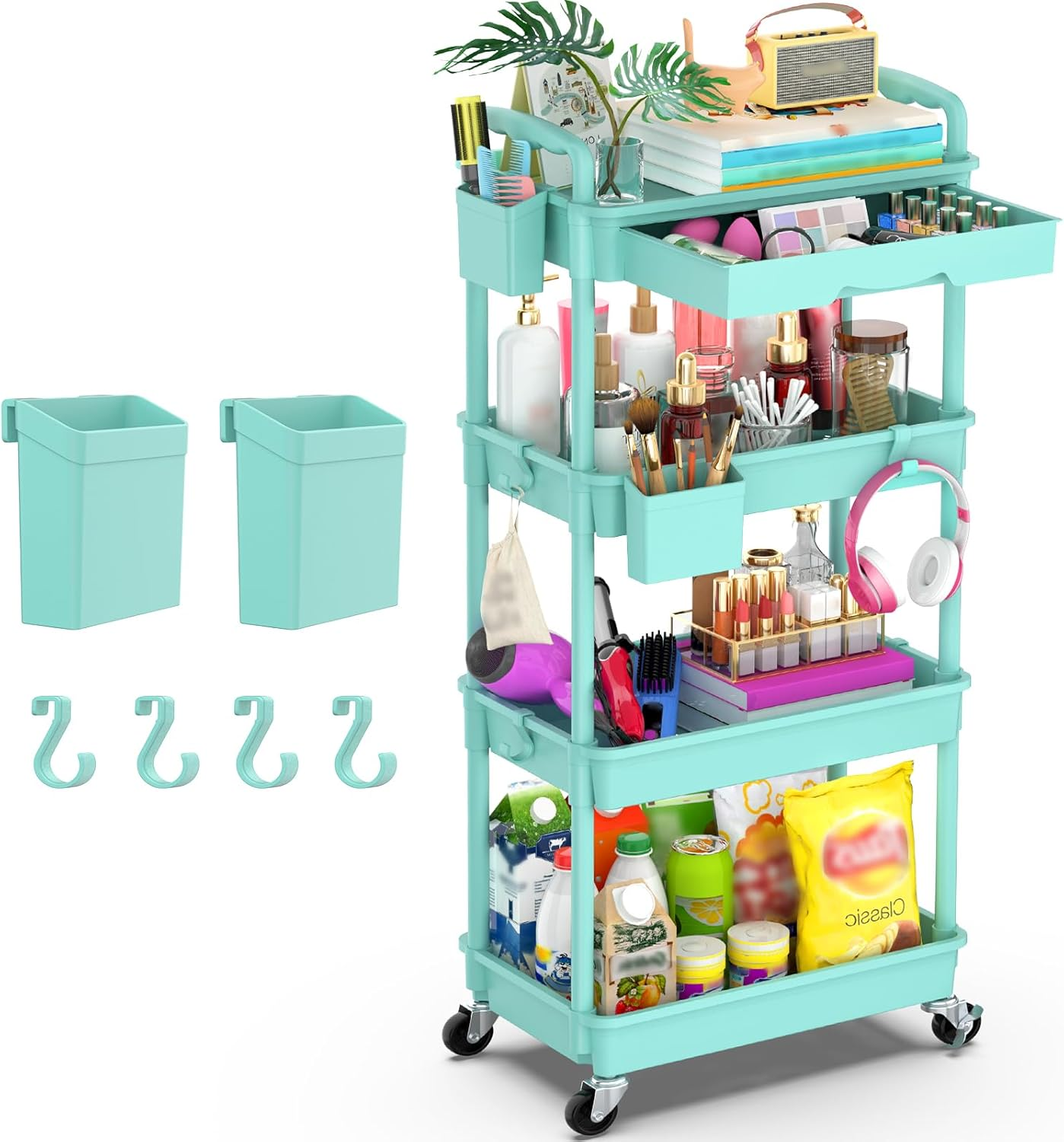 Yeabett 3 Tier Craft Trolley, Storage Trolley on Wheels Utility Cart with Drawer for Kitchen, Bathroom, Office, Living Room, Blue