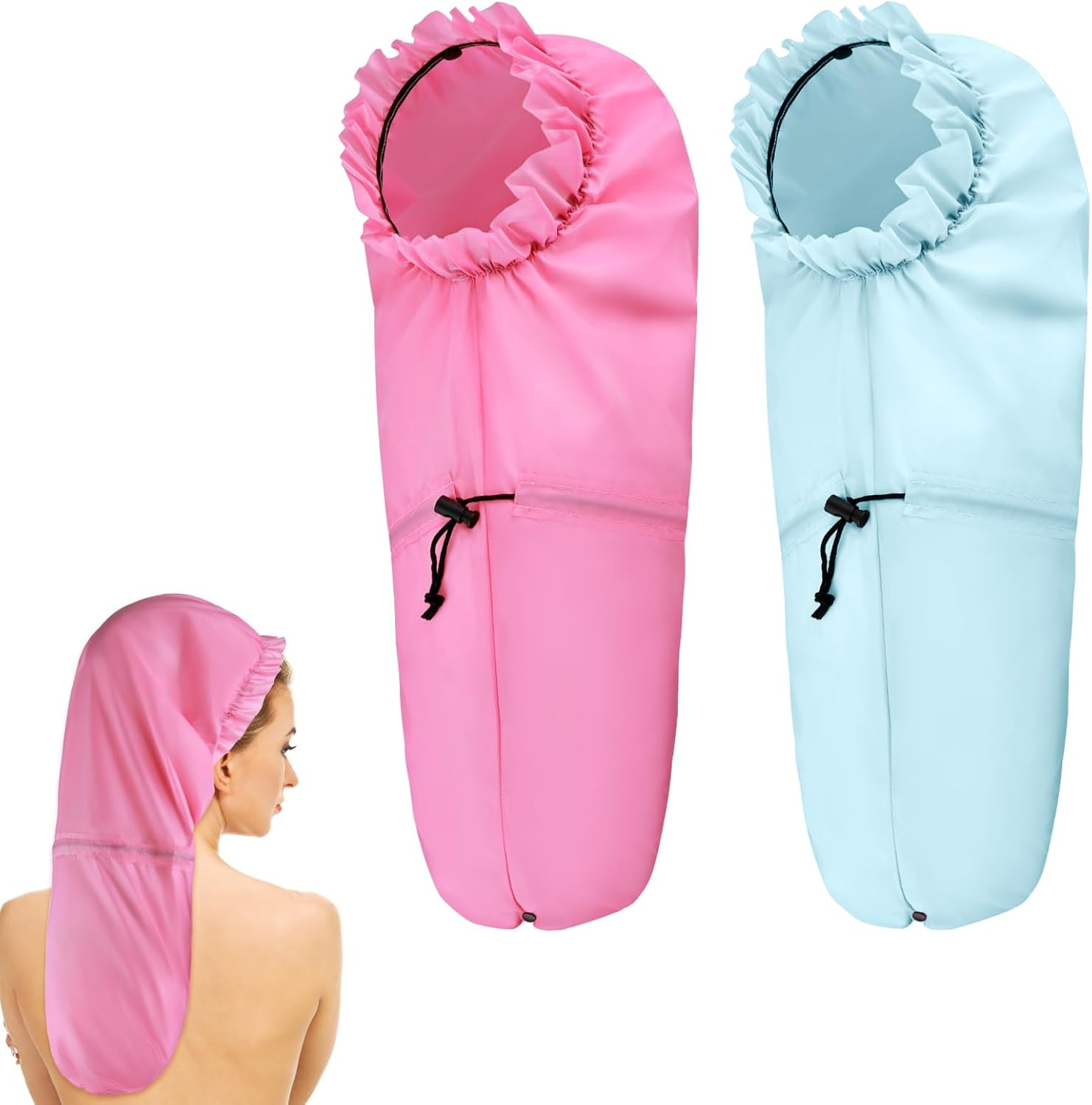 2 Pack Extra Large Shower Caps for Braids, Long Hair & Locs, Waterproof Hair Bonnets for Dreadlocks with Adjustable Drawstring (Pink, Light Blue)