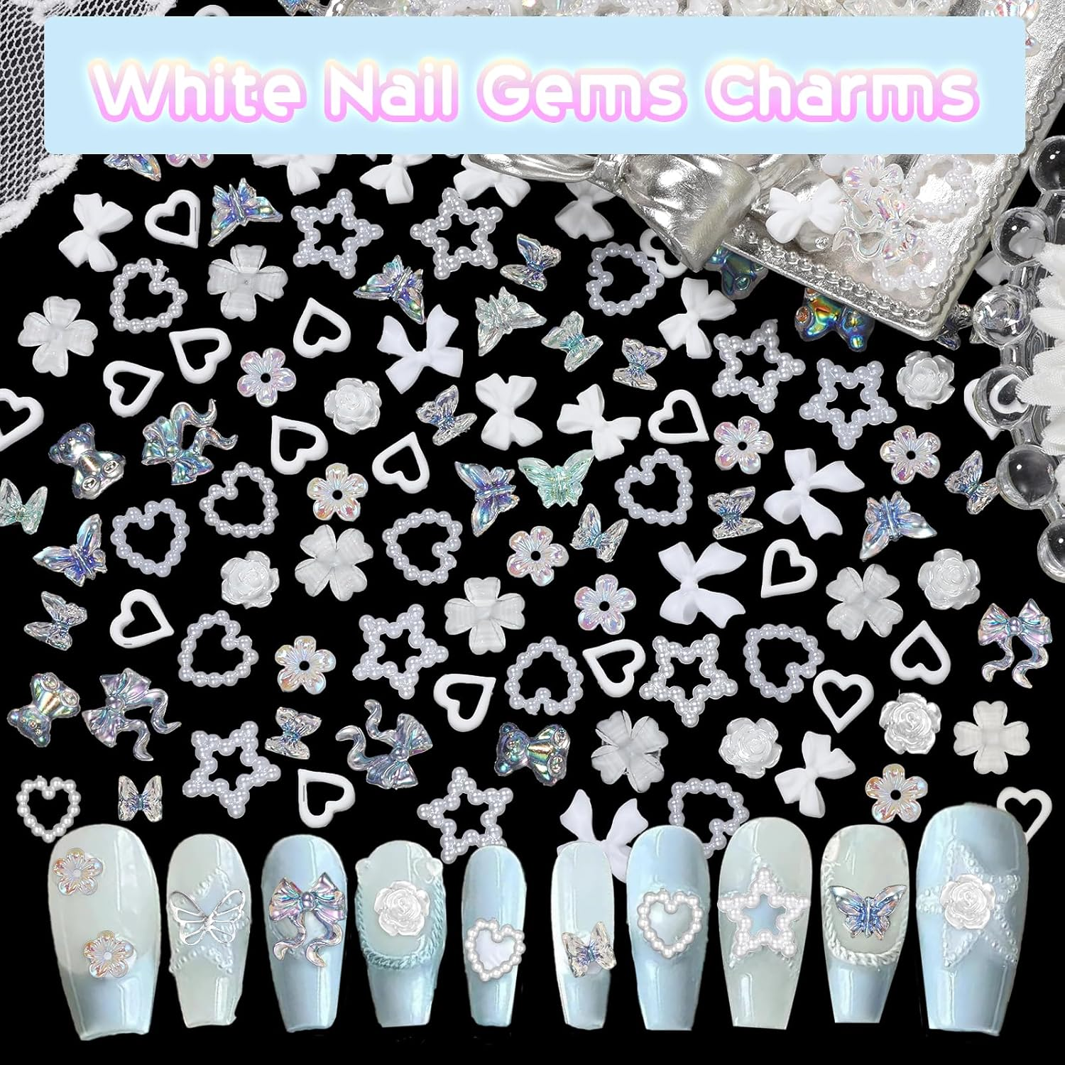 Flatback White Nail Charms Set, Assorted Bow Heart Flowers Acrylic Nail Art Charms, AB Rhinestones Nail Gems, round Pearls Nail Charms, Silver Gold Butterfly Nail Charms Gems for Nail Art DIY image number 3