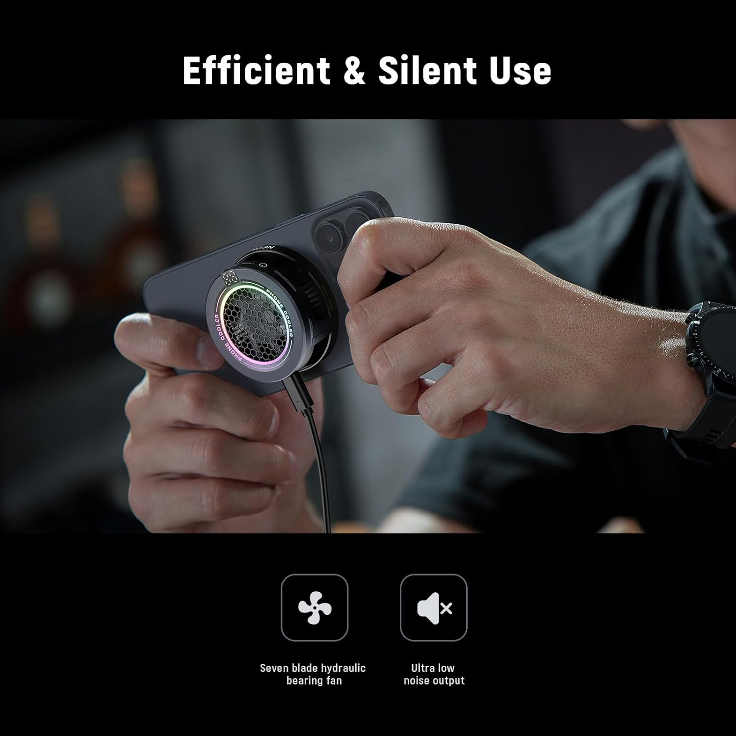 NEEWER Basics Magnetic Phone Cooler, Low Noise USB Cooling Fan with Smart Temp Control, RGB Light, Magnetic Ring & Clip Compatible with Iphone 15 16 Pro Max Magsafe Samsung Ipad for Gaming, PA069 image number 6