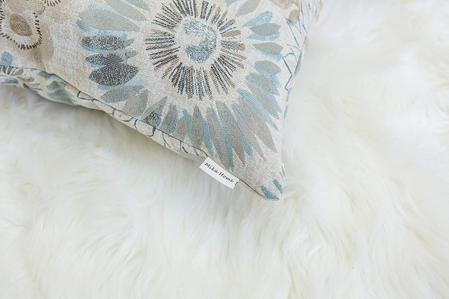 Mika Home Pack of 2 Decorative Throw Pillows Cases Cushion Cover for Sofa Couch Bed,Sunflower Pattern,20X20 Inches,Blue Cream image number 2