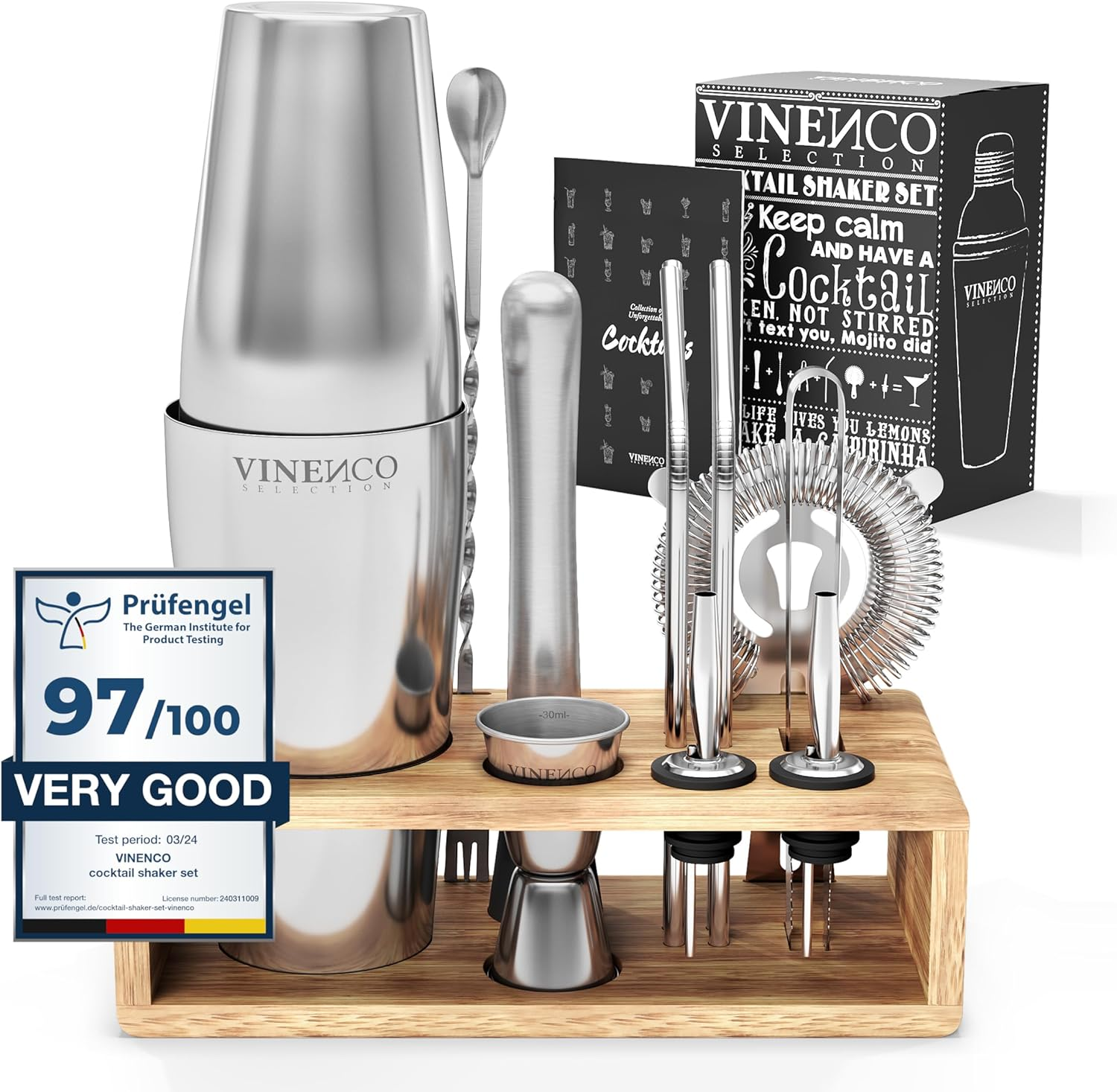 Cocktail Shaker Set with Stand + Recipes | Premium Stainless Steel Bar Kit: Strainer Double Jigger Mixing Spoon | Pro Bartender Making Drinks - Mojito Martini Gin Tonic Maker Party Gift Box, Women Men image number 6