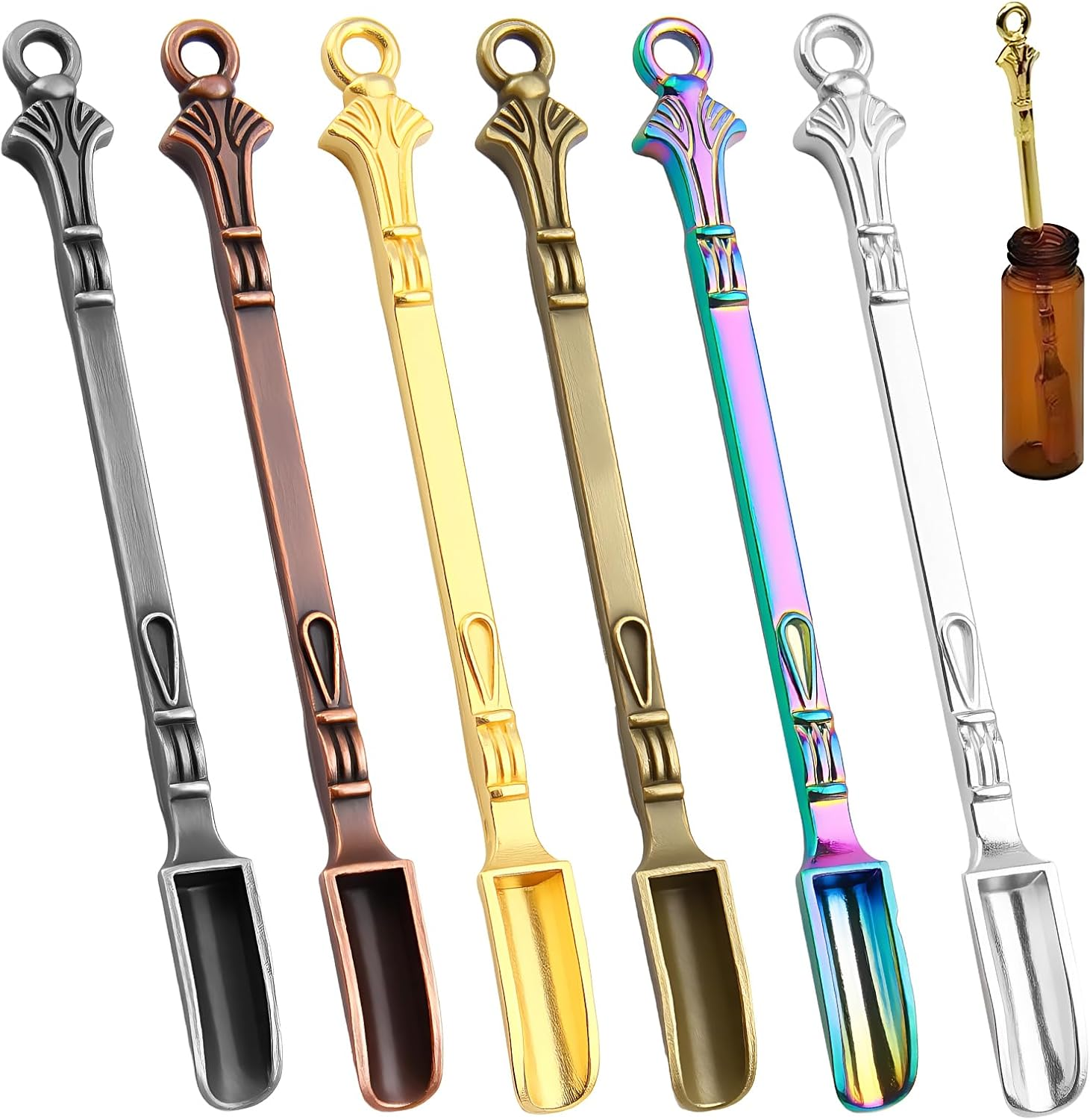 6 Pcs Mini Snuff Spoon, Metal Small Shovel Powder/Medicine Scoop Pendants Necklace Loop for Home Supplies Baking Cooking Coffee Sugar Filling Jars/Salts/Herbs Craft Tools (6 Colors) image number 6