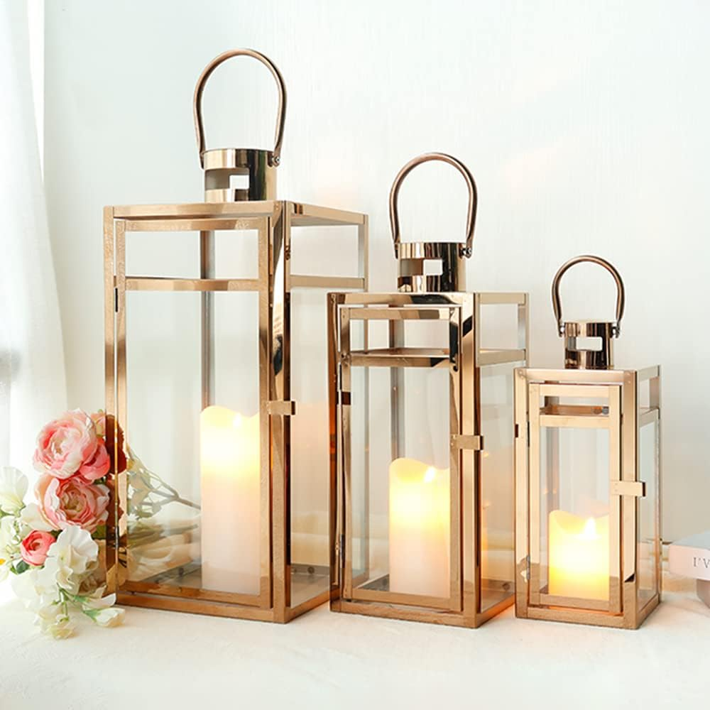 TRIROCKS Vintage Hanging Lantern - 34Cm Decorative Metal & Tempered Glass Candle Holder - Ideal for Indoor/Outdoor Events, Patio, Garden, Parties - Elegant Design with White & Gold Brush Finish