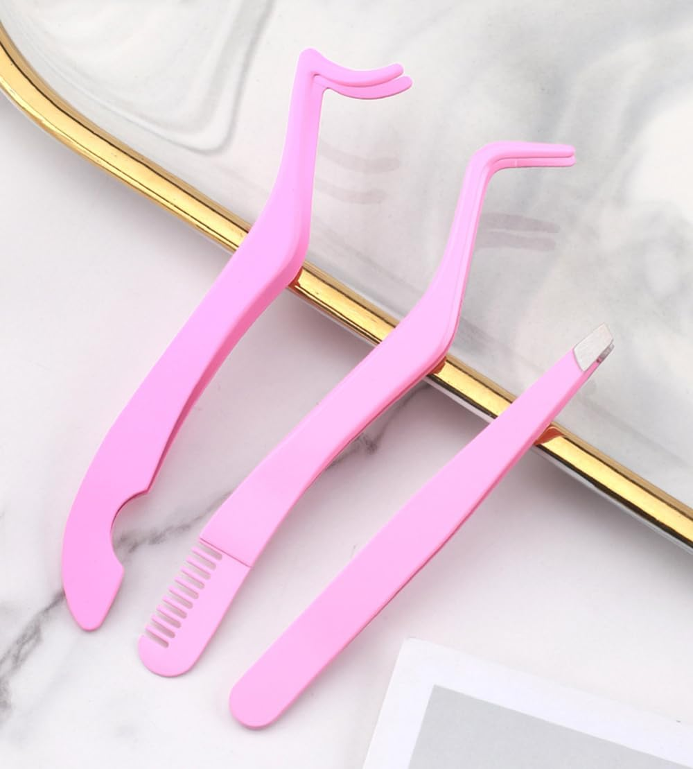 3 Pcs Eyelash Applicators Tools Stainless Steel Eyelash Clusters Tweezers for Eyelash Extension Lash Extension Tweezers for False Lashes Application and Removal (Pink) image number 3