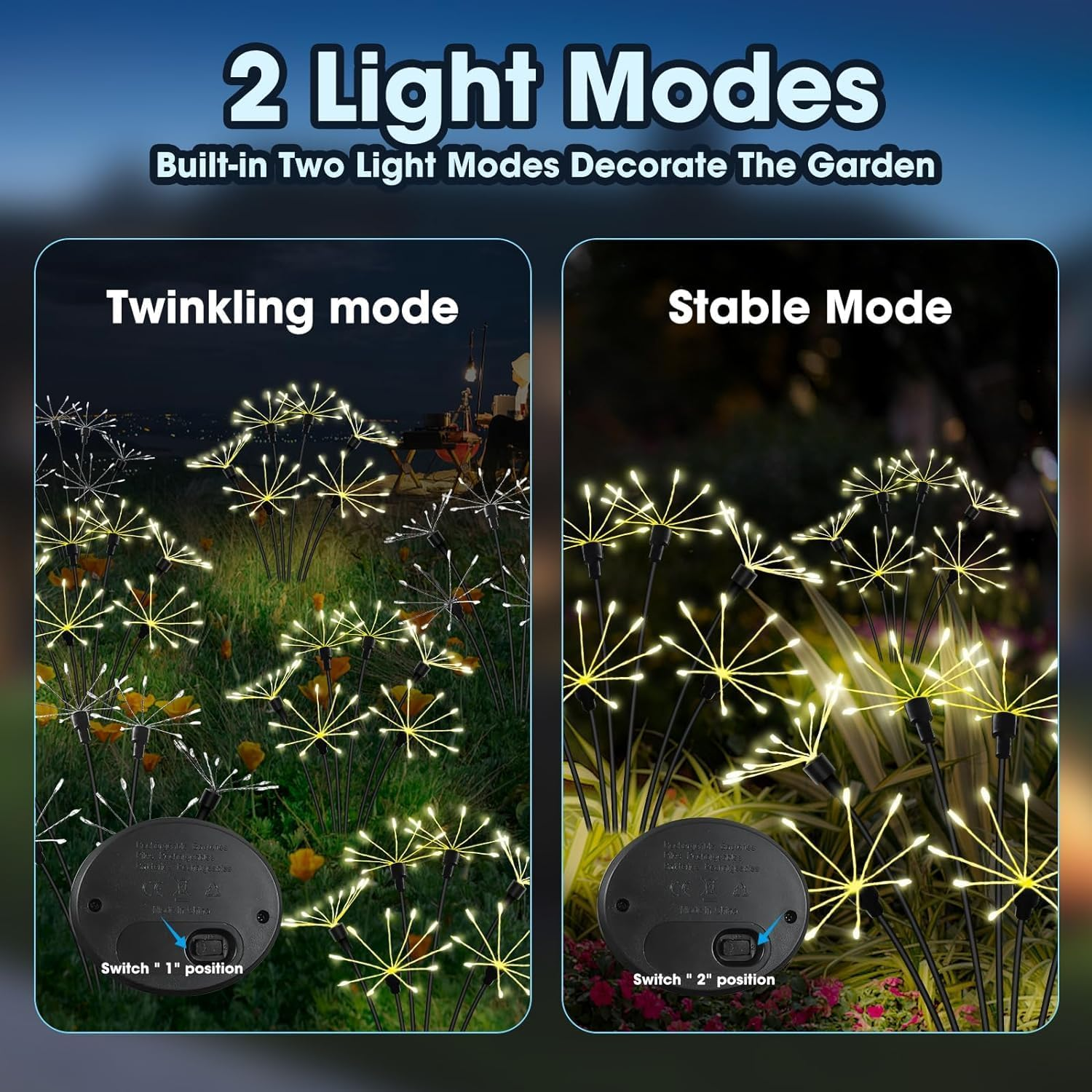 Solar Garden Lights with Flashing and Steady Lighting 2 Modes, 120 LED Wick Garden Lights for Outdoor Yards, Paths, Patio and Holiday Decorations, Warm White (2 Pack) image number 1