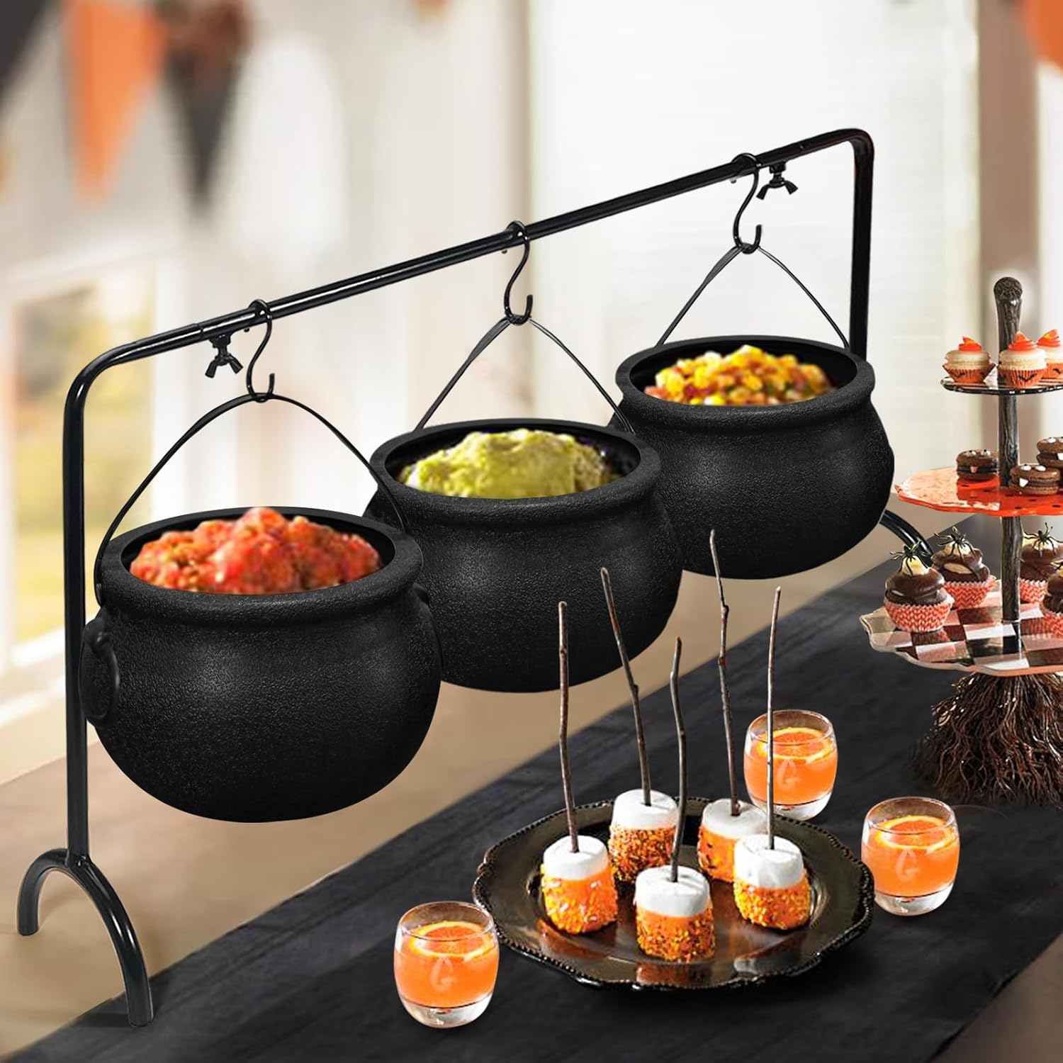 Oriental Cherry Halloween Decor - Halloween Party Decorations - Set of 3 Witches Cauldron Serving Bowls on Rack - Black Plastic Cauldron for Indoor Outdoor Home Kitchen Decoration image number 1