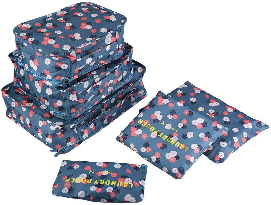 Go2Buy 6Pcs Travel Luggage Organizer Set Backpack Storage Pouches Suitcase Packing Bags (Blue Flower) image number 4