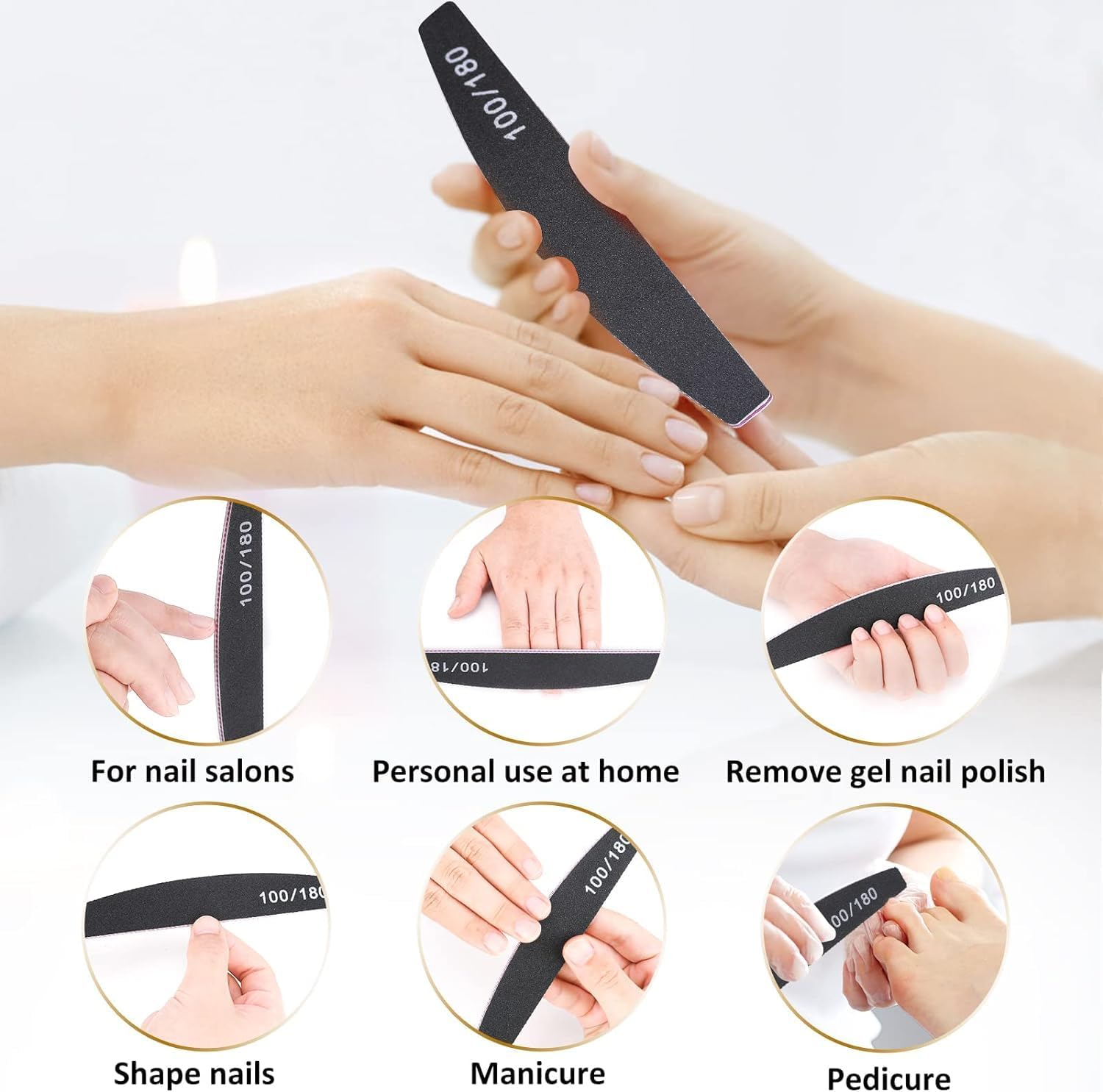 Nail Files, Professional Nail Files,12Pcs 100/180 Grit Double-Sided Emery Board Nail File Set, Washable Nail Files Tools for Manicure image number 2