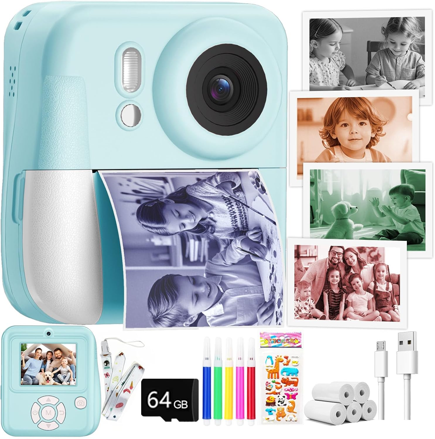 Kids Camera Instant Print Color Photos, Dual-Lens Instant Print Camera for Kids, Toddler Portable Travel Digital Camera Toy for 4 5 6 7 8 Year Old Boys Girls Christmas Birthday Gifts 64GB Card, Blue image number 4