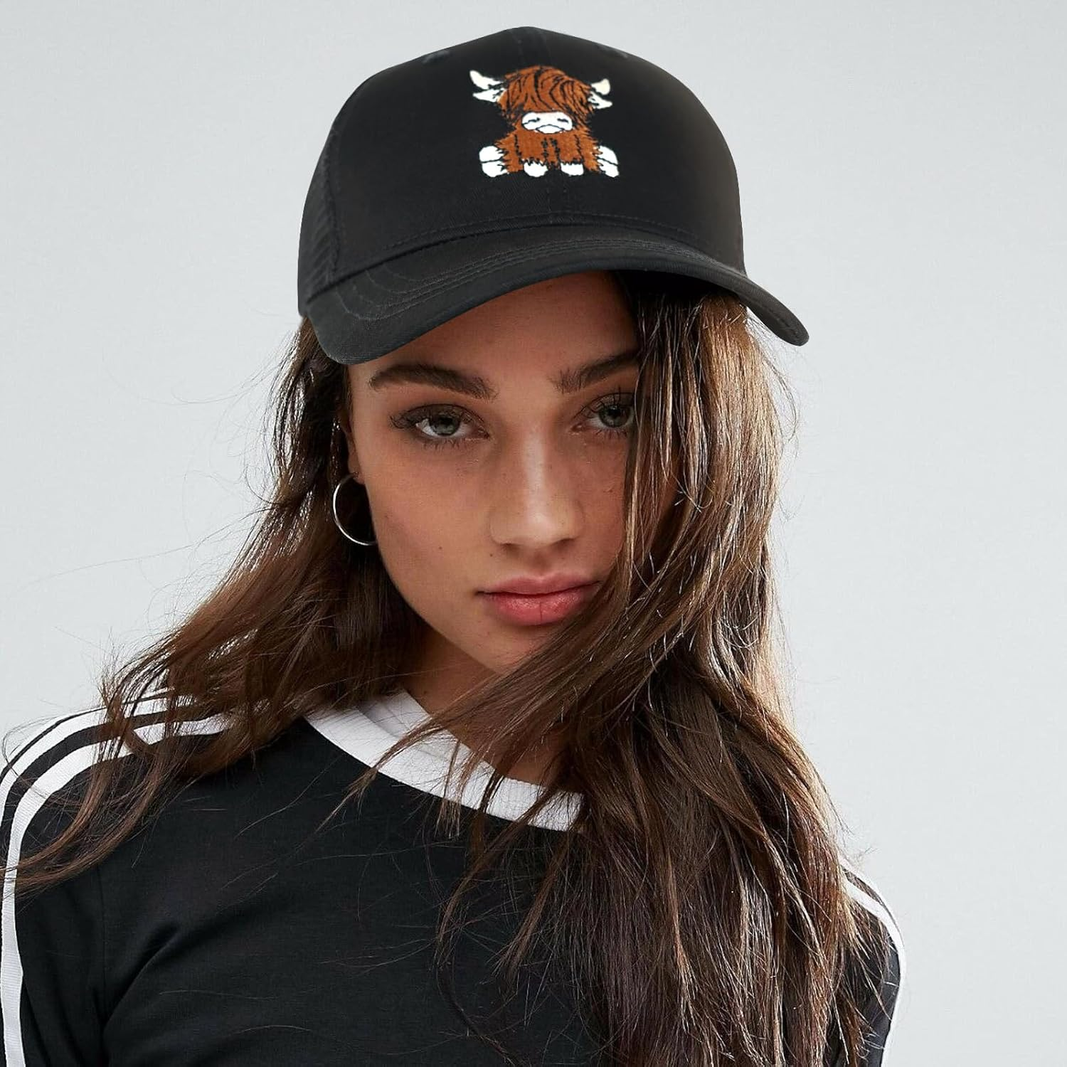 Gswirmchsq Scottish Highland Cow Hat, Cute Embroidery Mesh Baseball Cap Trucker Hats Highland Cow Gifts for Women Men - 01-Beige image number 3