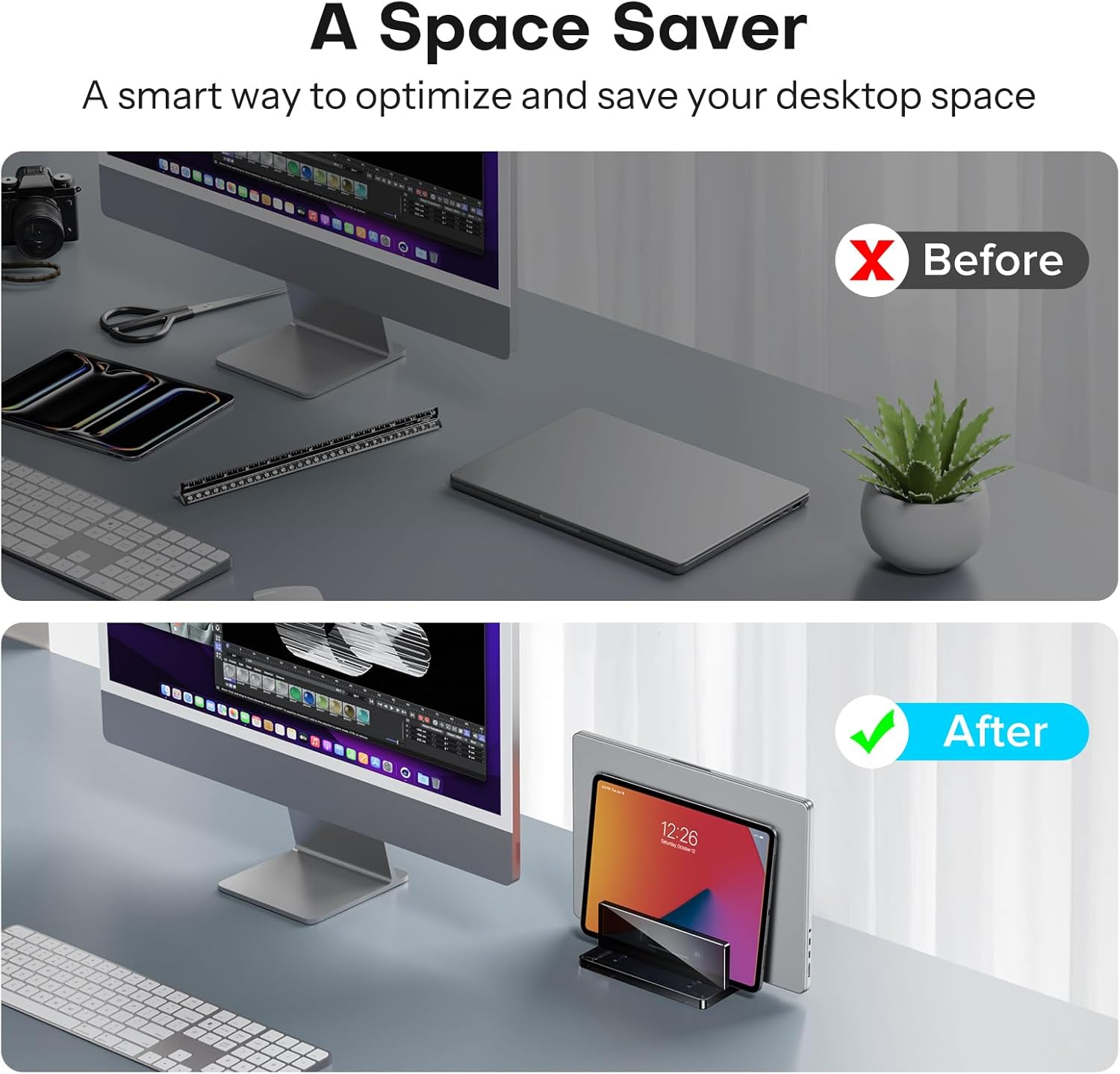 OMOTON Vertical Laptop Stand for Desk, Acrylic Dual Laptop Holder Desktop Clear Adjustable Dock for Macbook Pro Air, HP, All Gaming Laptops up to 17&rdquo;, Black image number 5