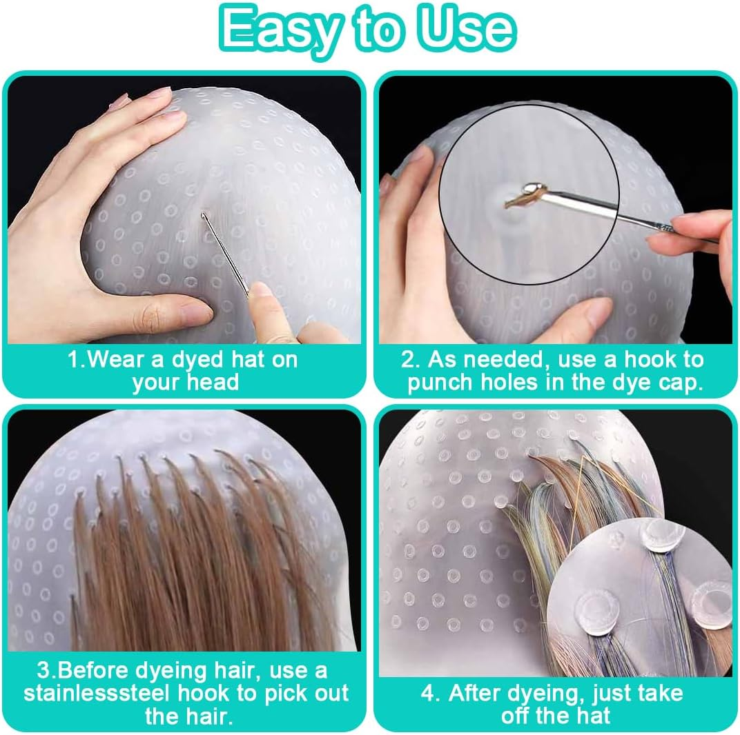 OUDQFCJ Silicone Highlight Cap, Highlight Cap, Hair Dyeing Highlighting, Silicone Highlight Hood Set Highlights Hood with Brushes and Needle for Women and Girls Blowing image number 1