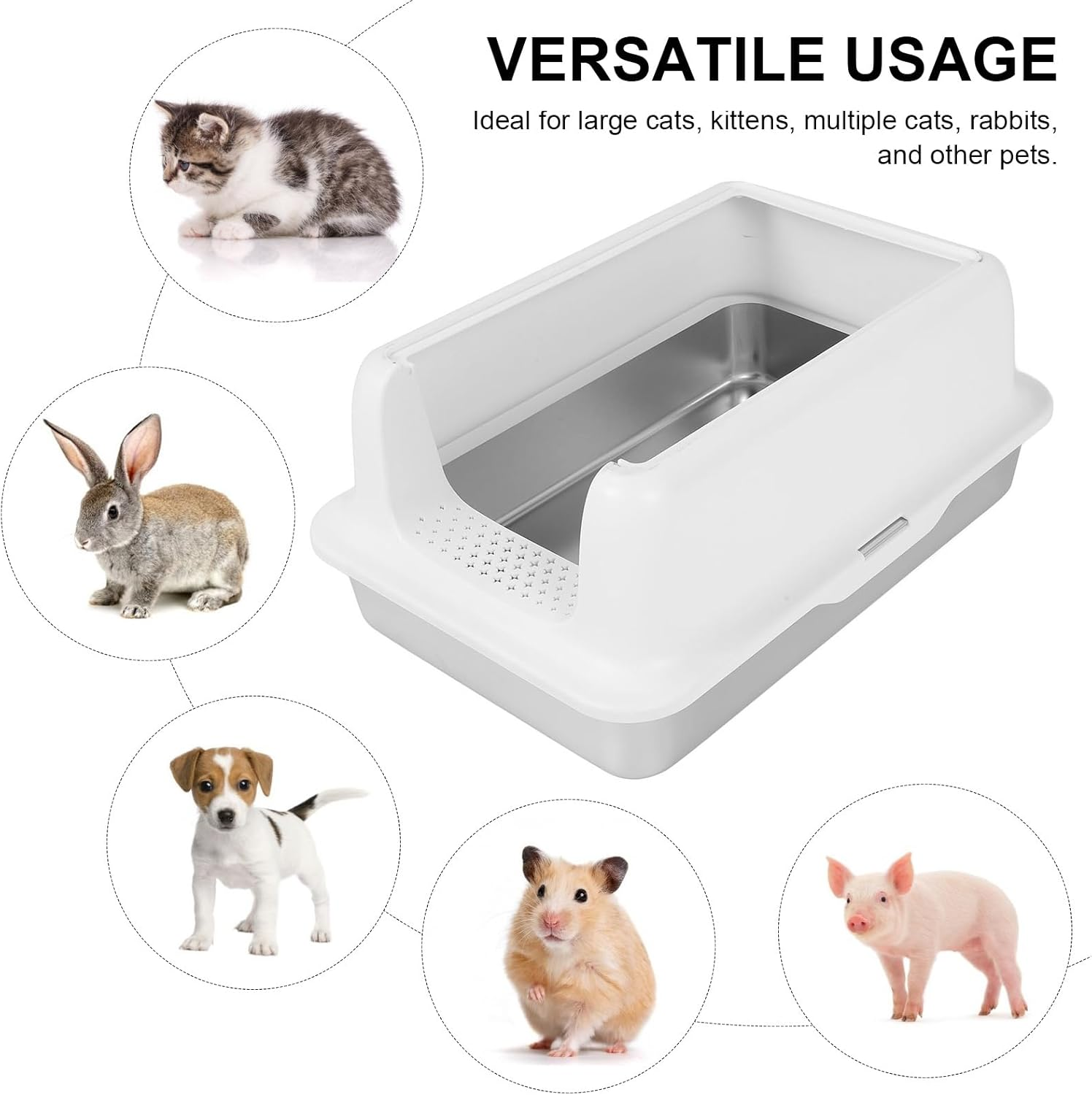 Stainless Steel Litter Box, Open Top Cat Litter Tray, High Sided Cat Litter Pan, Large Metal Cat Litter Box, Easy to Clean (White) image number 2