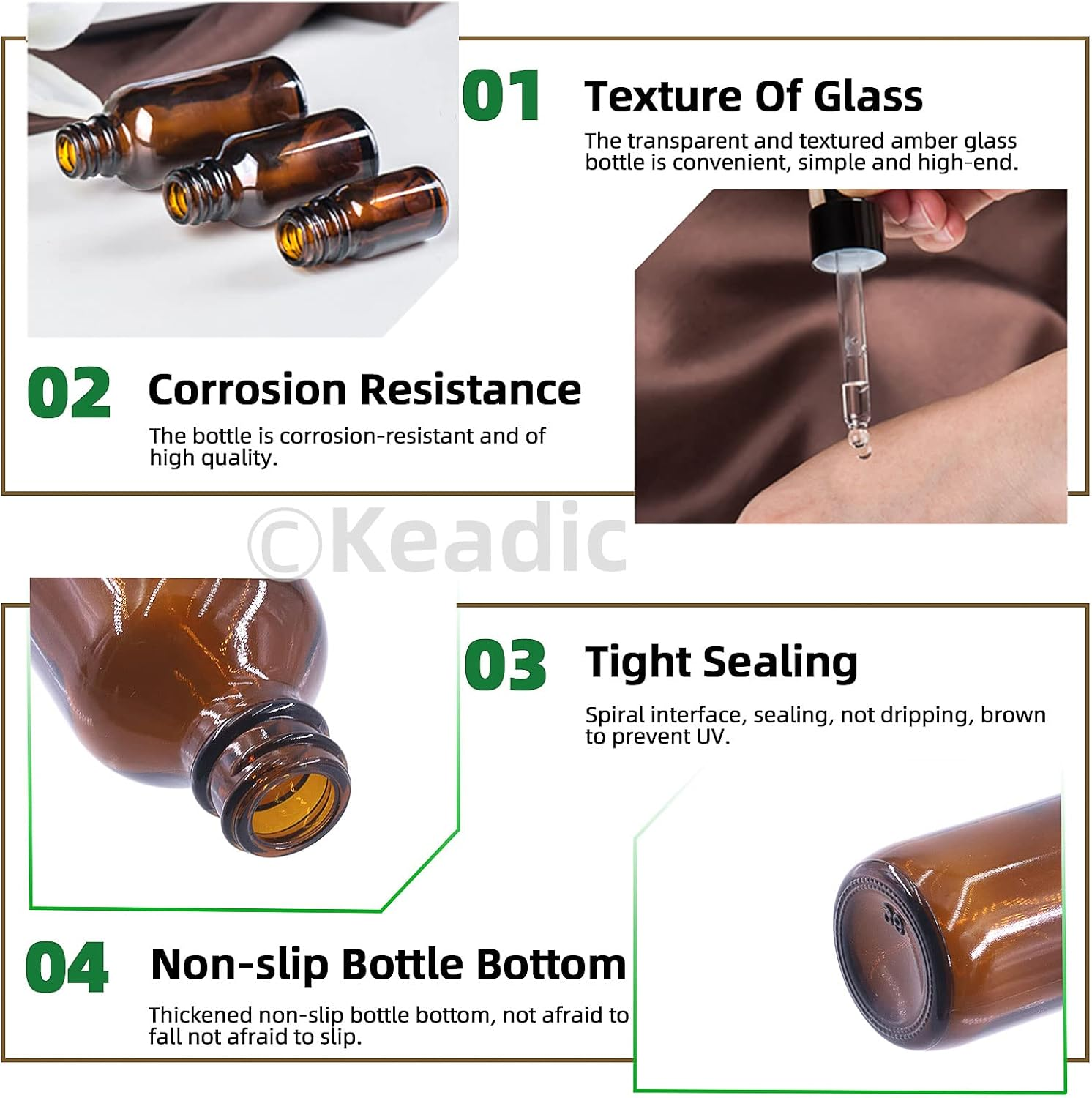 Keadic 24 Pack 1 Oz 2 Oz 4 Oz Glass Dropper Bottles Assortment Set with Tapered Eye Dropper & Black Cap Amber round Boston Tincture Bottles for Massage Essential Oils Perfumes Liquids image number 2