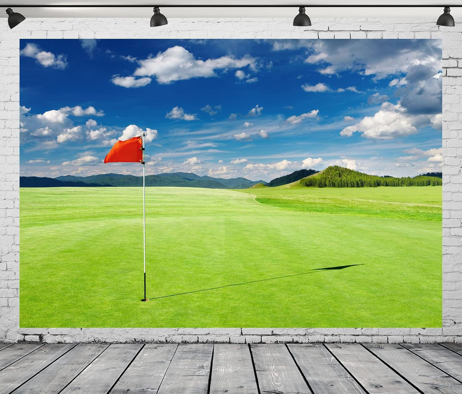 CORFOTO 10X8Ft Fabric Golf Course Backdrop Photography Golf Flag Green Mountain Forest Trees Grass Lawn Background Blue Sky Cloud Decorations Golf Sports Party Backdrop Photoshoot Studio Props image number 3