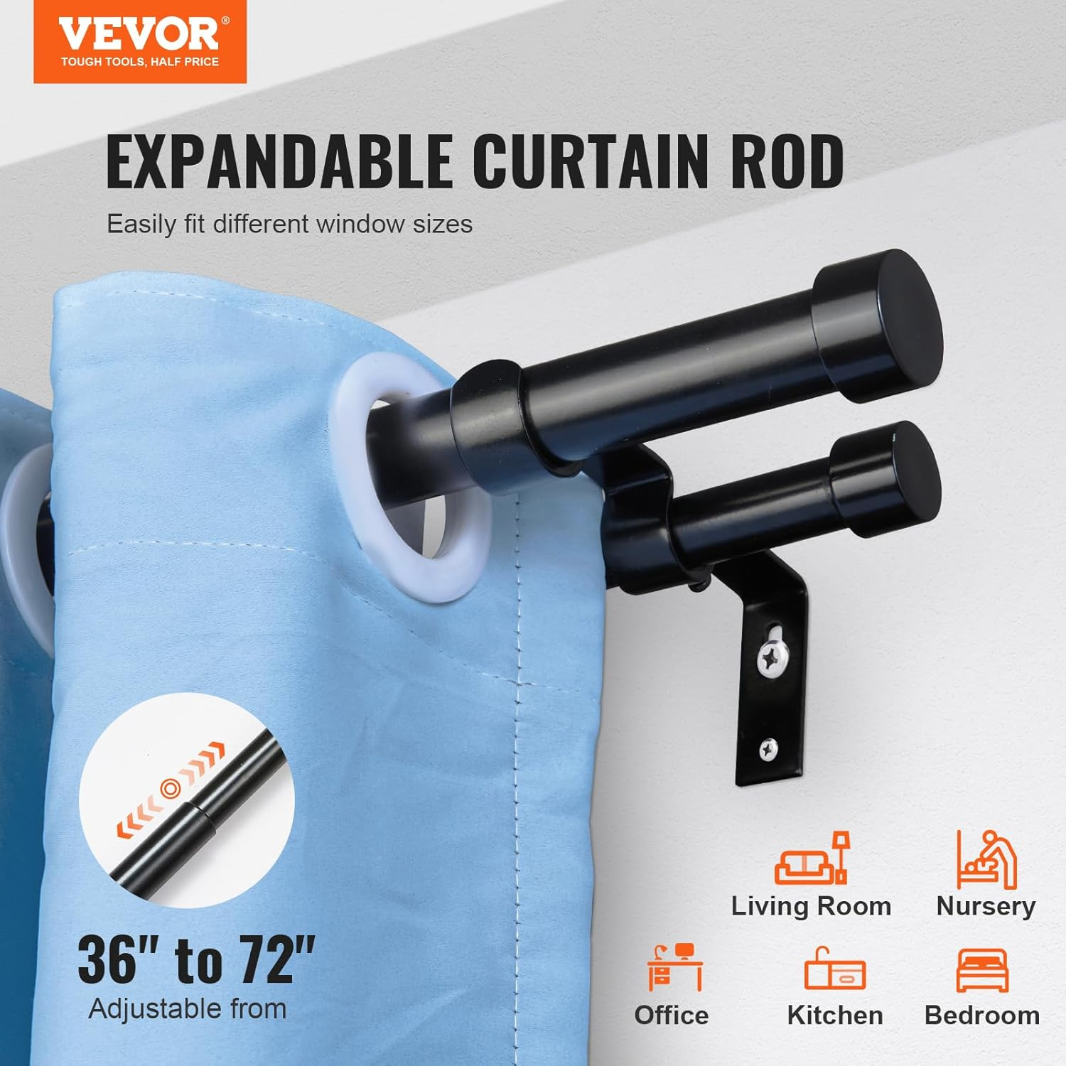 VEVOR Double Rod Curtain Rods, 36-72 Inches(3-6Ft) Adjustable Length, Black Double Curtain Rods with Cap Finials, 1" and 3/4" Diameter, Double Window Drapery Rod for Sheer and Blackout Curtains image number 3