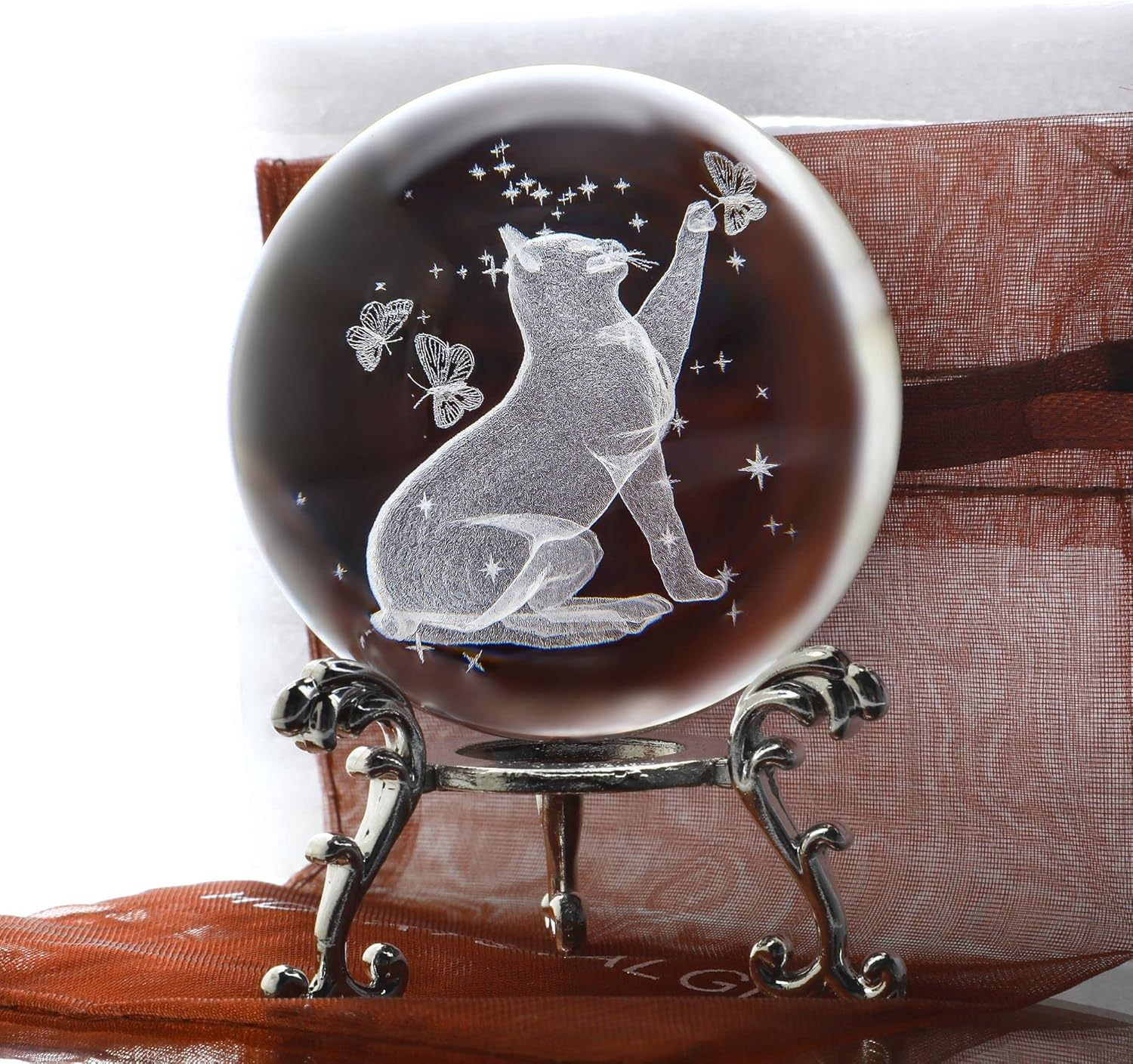 HDCRYSTALGIFTS Cat Crystal Ball with Stand 3D Laser Engraved Glass Globe Decorative Art Crystal Sphere Glass Ball Paperweight Gifts for Women(2.5In,Clear)