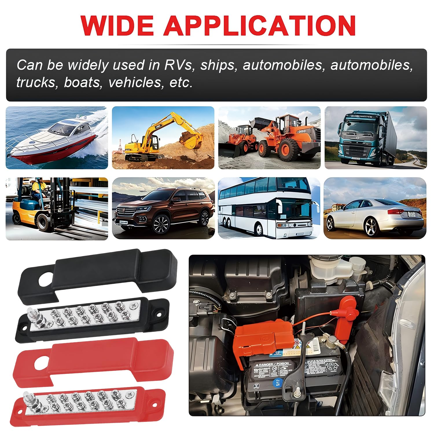 12V 150A Power Distribution Block, 1/4" Stud Marine Bus Bar with 34Pcs Terminal & 2Pcs Protective Cases, Battery Terminal Block for Boat Automotive Solar Wiring (Black+Red) image number 1