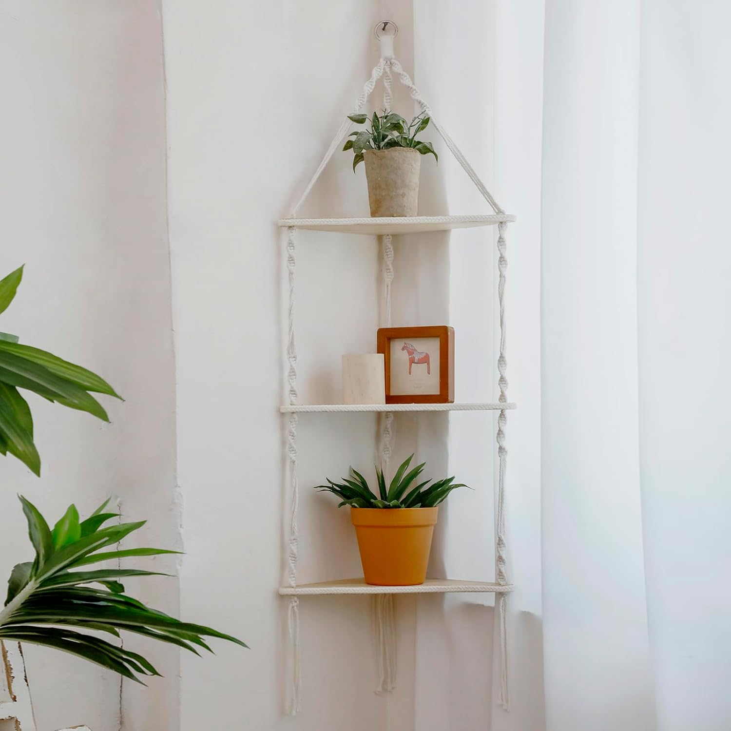 Artilady White Corner Floating Shelves Wall Hanging- Macrame 3 Tier Corner Shelf Plant Wall Decor Boho Rustic Wooden Storage Orgnizer for Bedroom Living Room Pots Photos - Black 3 Layers image number 5