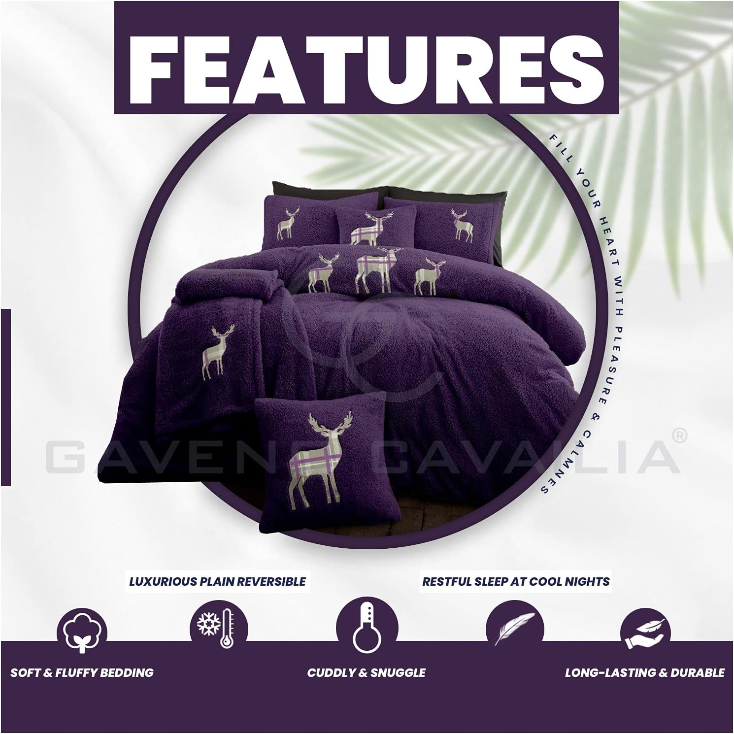 Gaveno Cavailia Easy Care Embroidered Stag Teddy Duvet Cover with Matching Pillow Cases, Fluffy Thermal Quilt Set, Super Soft & Cosy Linen, Purple, Double Size Bedding, 100% Polyester image number 6