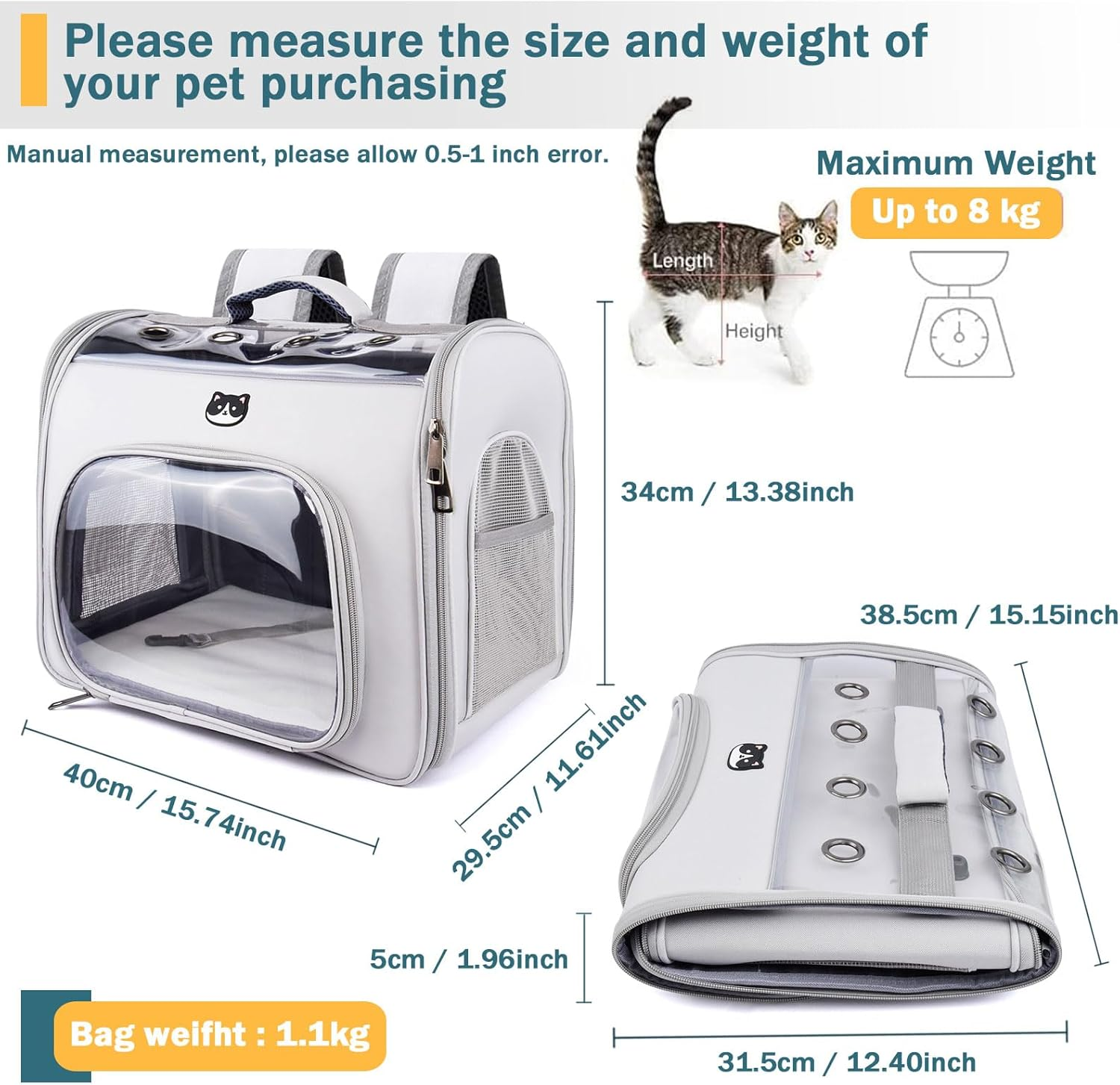 Onebarleycorn Cat Backpack with Window Cat Backpack Transport for Cats and Small Dogs up to 2-8 Kg Breathable Foldable Grey image number 3