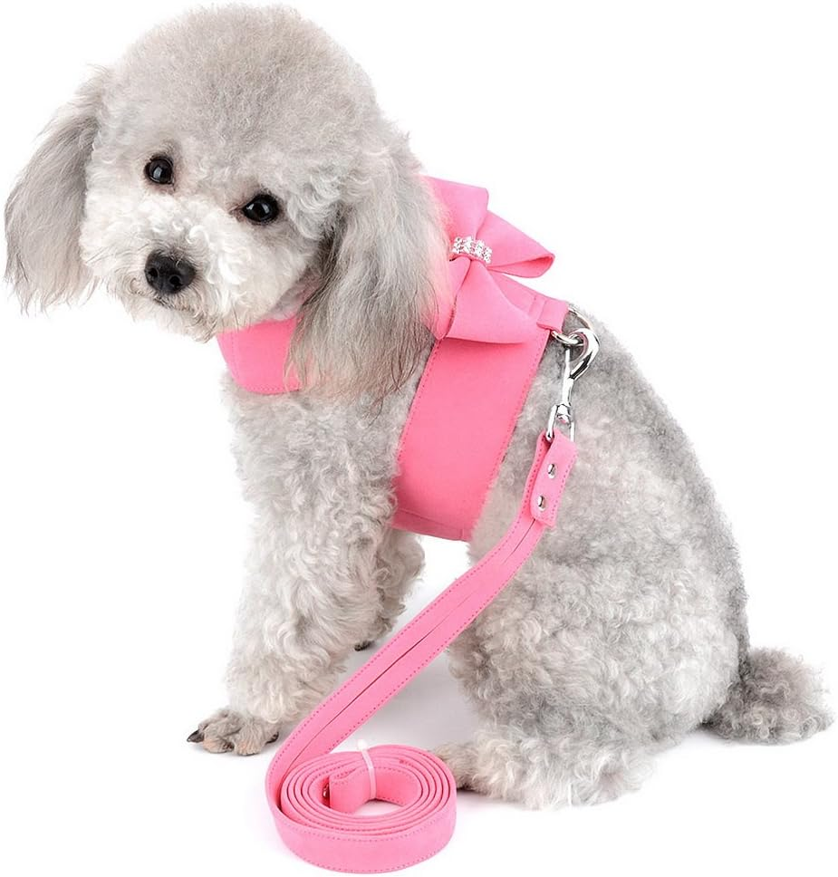 SELMAI Small Pet Dog Cat Bling Rhinestone Harness and Leash Set Bowknot Soft Ultra Suede Leather, Adjustable/No Pull Pink M image number 2
