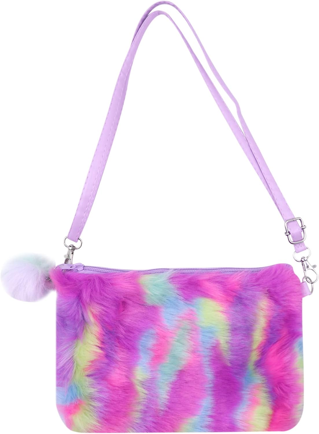 Kids Girls Fluffy Crossbody Purse Fuzzy Bag Plush Tie Dye Rainbow Shoulder Bag Handbag Wallet image number 1