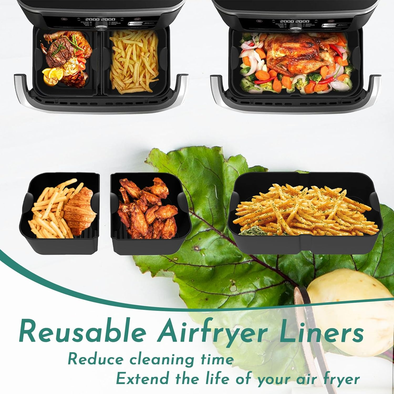 Marakruki 3Pcs Silicone Air Fryer Liners for Ninja AF500 XXXL, Reusable 10.4L Flexdrawer, 2 Pcs for Dual 5.2L Baskets + 1 Pcs for 10.4L Megazone Basket image number 2