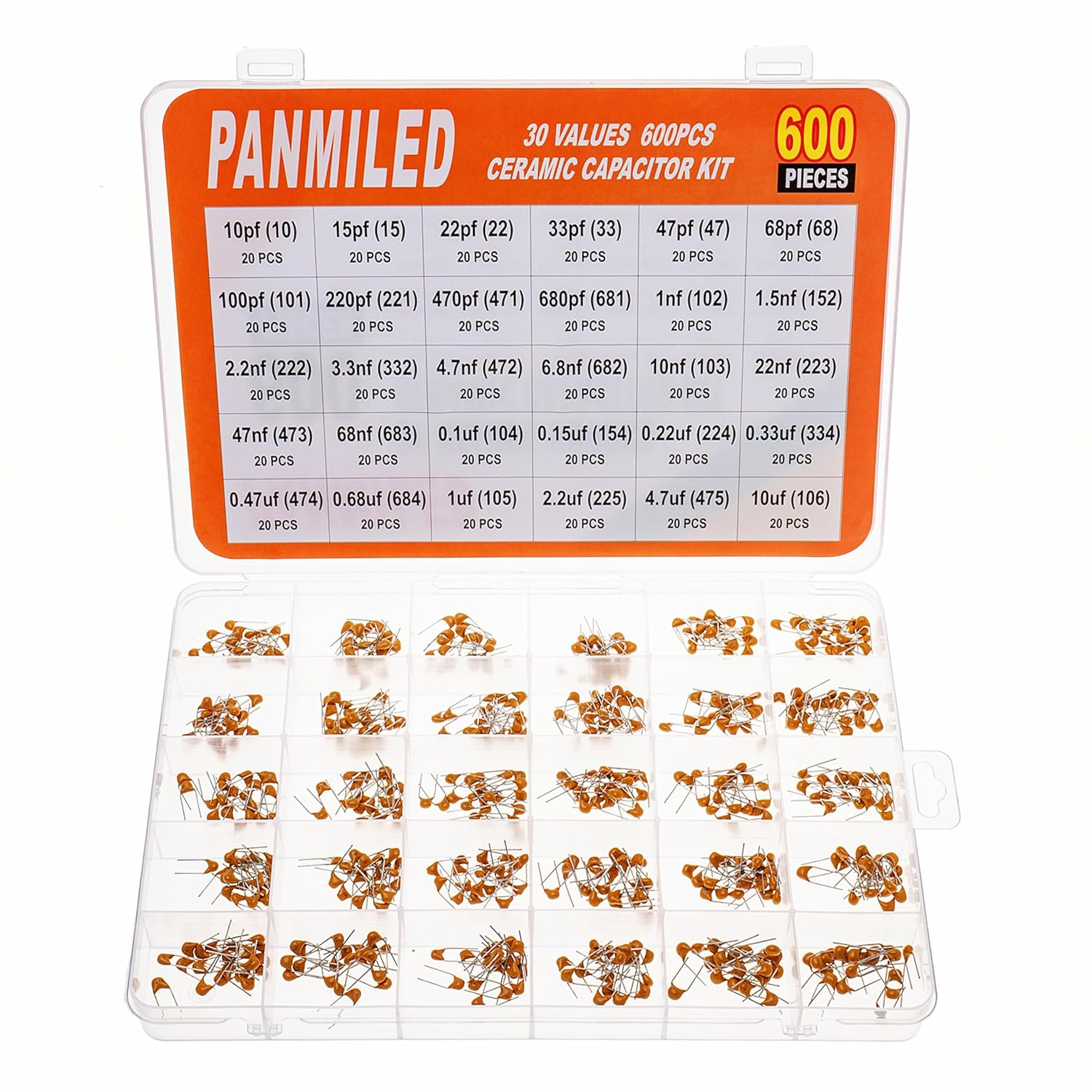PANMILED 30 Values 600 Pieces Ceramic Capacitor 10PF to 680PF and 1NF to 680NF and 1UF to 10UF Multilayer Monolithic Ceramic Capacitor Assortment Kit image number 4