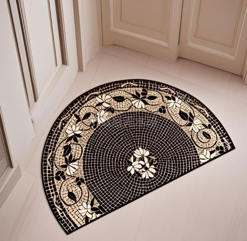 Decorative Half-Circle Mosaic Glass Floor Mat, 50 X80Cm, Green Leaf Pattern, Non-Slip Entrance Doormat (Gray)