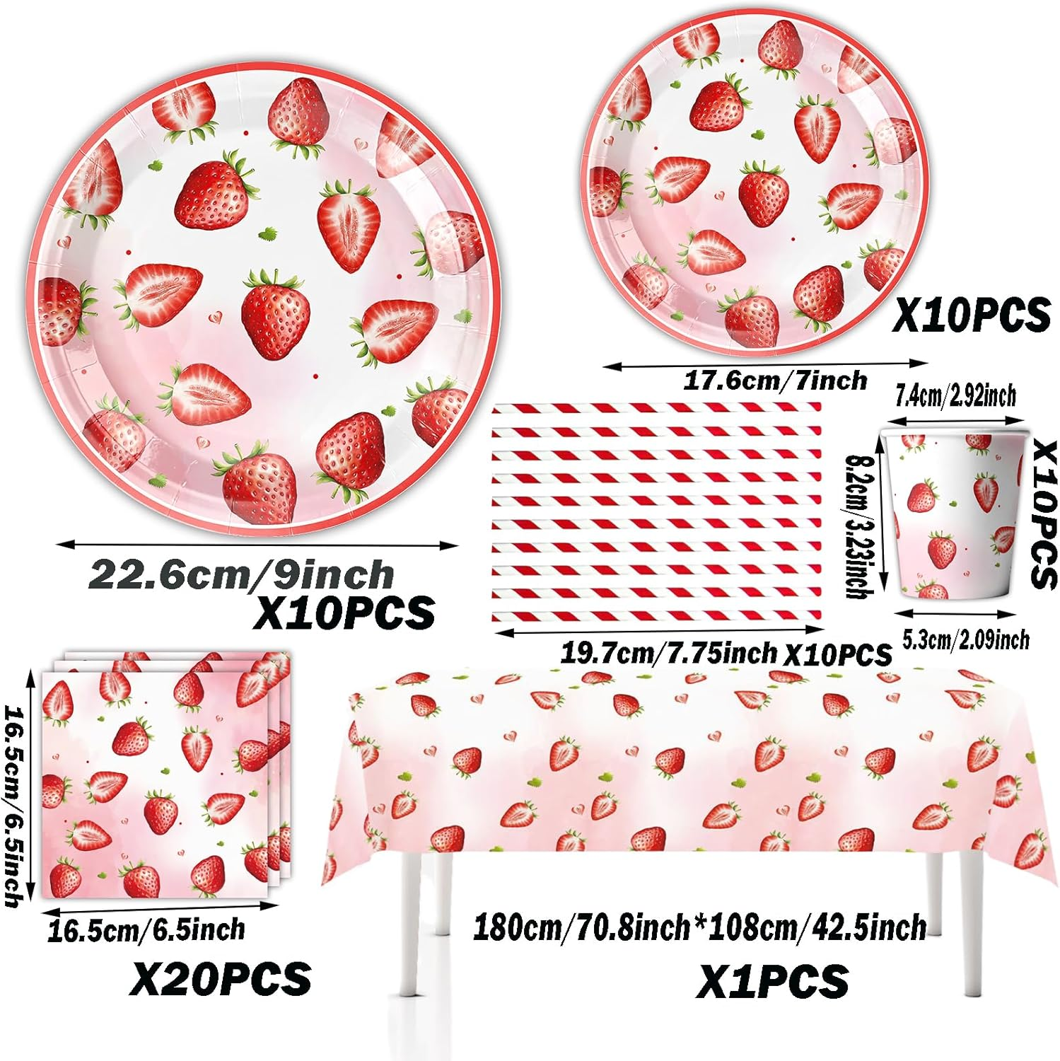 61PCS Strawberry Theme Birthday Tableware Set - Strawberry Decorations, Camping Party Supplies - Paper Plate, Cup, Napkin, Tablecloth, Fruit Party Table Decor