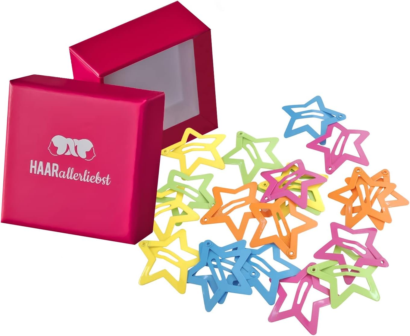 Haarallerliebst Hair Clips Mini Stars (Pack of 20, Yellow, Orange, Pink, Green, Blue, 3 Cm) with Box for Storage (Box Colour: Pink) (Box Colour: White)