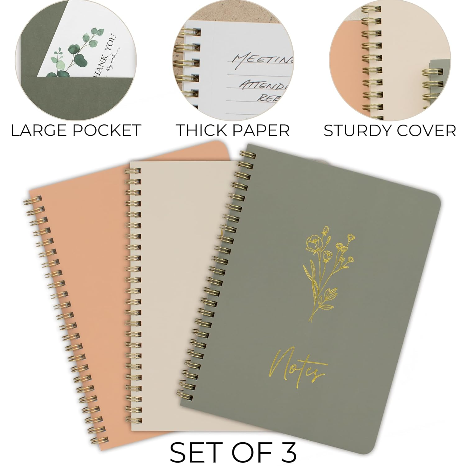 ZICOTO Aesthetic Spiral Notebook Set of 3 for Women - Cute College Ruled 8X6 Journal/Notebook with Large Pockets and Lined Pages - Perfect Supplies to Stay Organized at Work or School