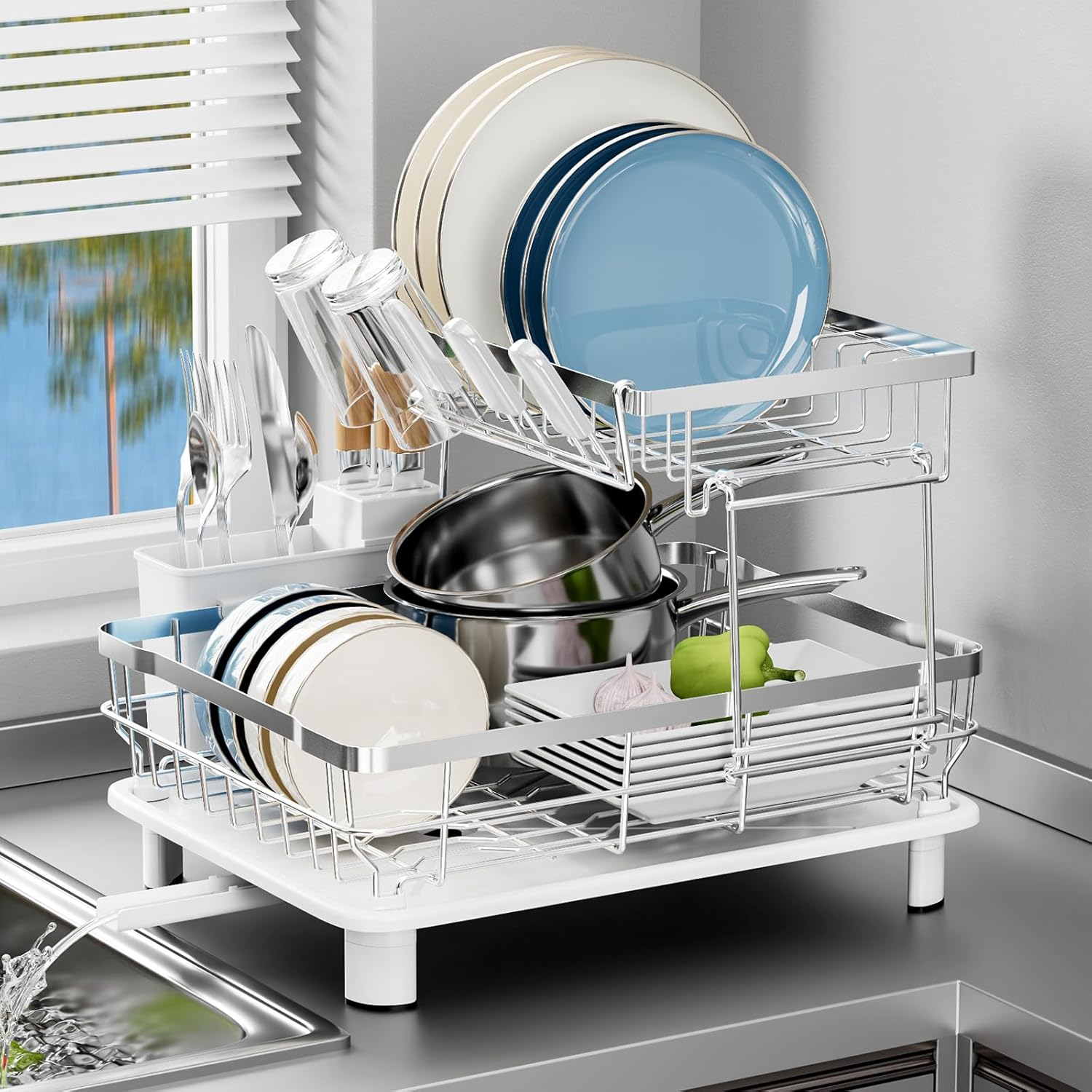 Sandream Dish Drying Rack, 2 Tier Large Dish Rack, Stainless Steel Dish Drainer for Kitchen Counter, Dish Rack with Draining Tray & Cutlery Utensil Holder (White)