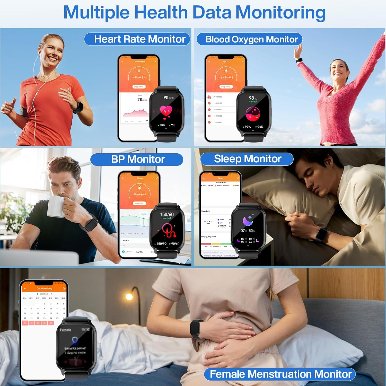 Smart Watch for Women Men, Blood Pressure Monitor Fitness Tracker, 1.85'' HD Touch Screen Pedometer, Calories, Heart Rate Sleep Monitor, IP68 Waterproof Activity Tracker Android Ios image number 3