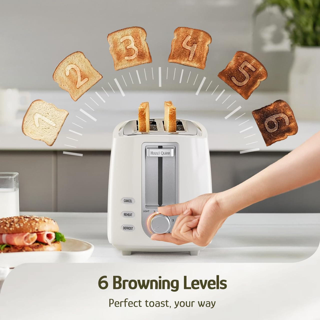 Hazel Quinn 2 Slice Toaster with Wide Slots 6 Browning Levels, Even Heating, Removable Crumb Tray Quick Toast for Thick Bread, Bagels White image number 2