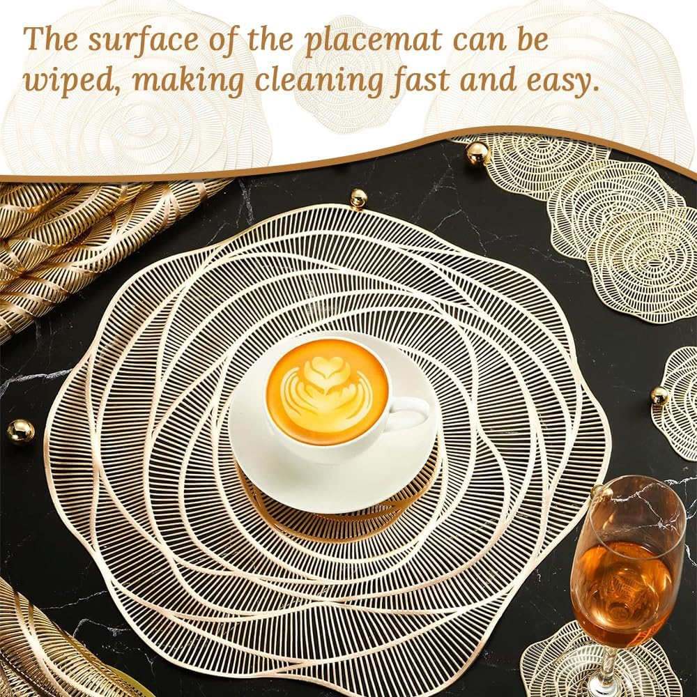 12-Piece Set of Rose Placemats, Hollow Dining Table and Cup Non-Slip Mats for Kitchen, Living Room, Dining Room, Bar Counter, Wedding Party Decoration (Gold) image number 5