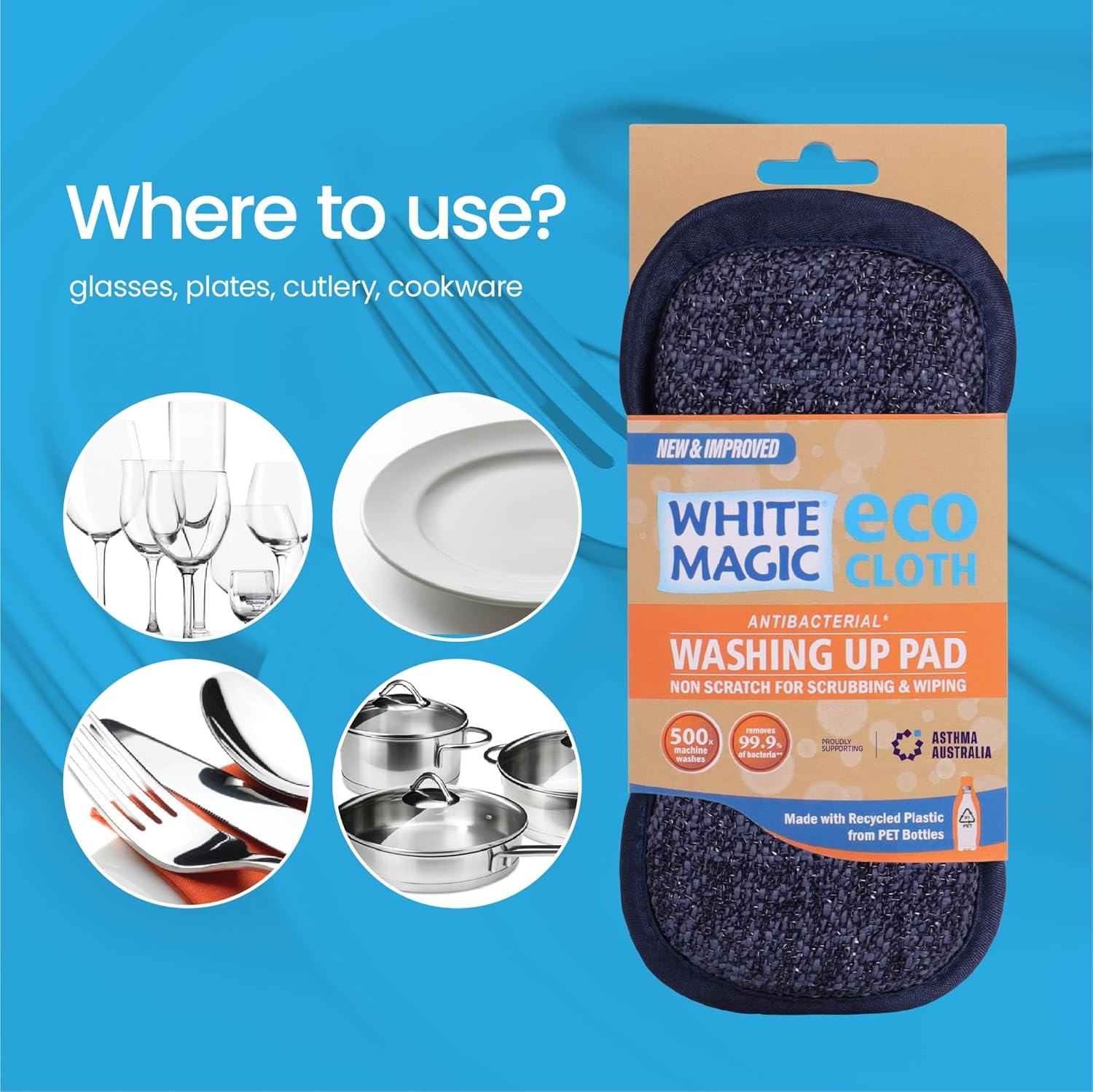 White Magic Dish Cleaning Microfibre Eco Cloth Washing up Pad, Non Scratch, Rough Scrubbers Side for Non-Stick Cookware, Soft Scrub Side for Dishes (Denim) image number 5