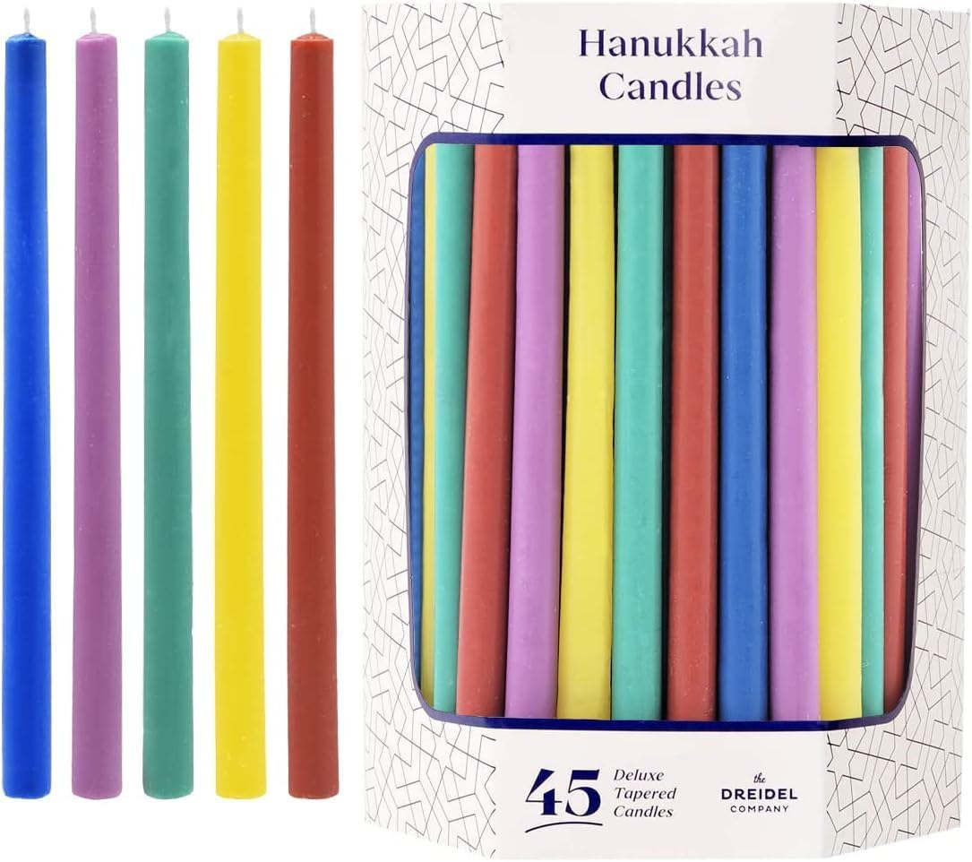 The Dreidel Company Deluxe Tapered Pastel Blue and White Hanukkah Menorah Candles for All 8 Nights of Chanukah