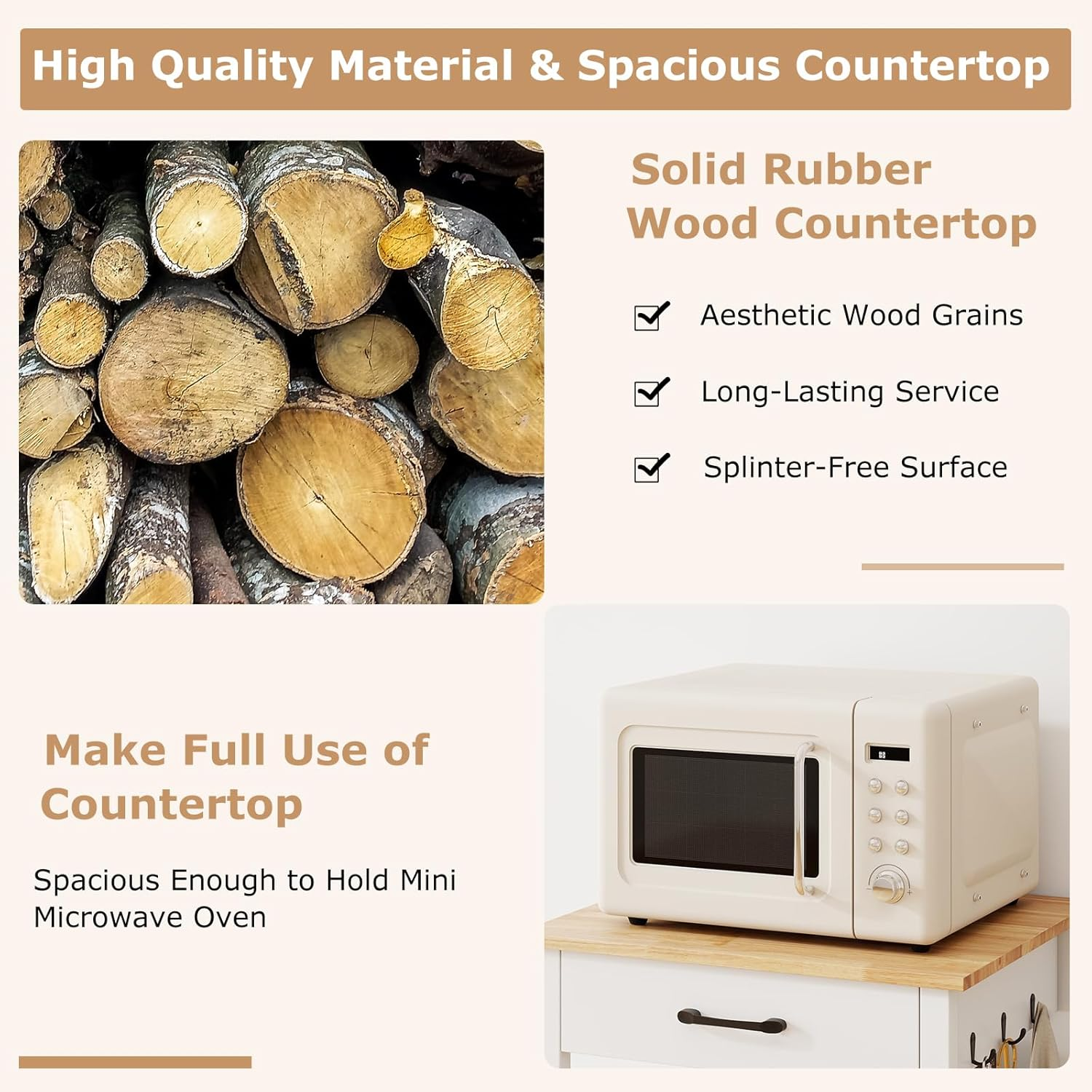 Giantex Small Kitchen Island Cart on Wheels, Rolling Kitchen Island W/Rubber Wood Top, Large Drawer, 3 Hooks, Open Shelf, Door Cabinet, Suitable for Kitchen & Dining Room, White - Black image number 6