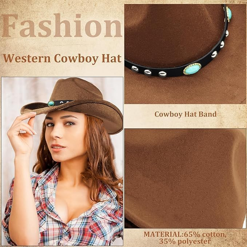 5Pcs Cowboy Hat Accessories for Women, Western Cowgirl Costume Set with Wide Brim Cow Boy Hat Turquoise Necklace Earrings Rings 70S Boho Hippy Fancy Dress for Adult Cosplay Carnival Halloween image number 3