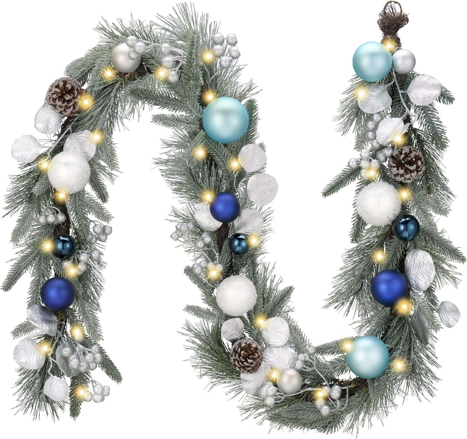 Valery Madelyn 6 Ft Pre-Lit Christmas Garland with Lights for Mantle, Lighted Outdoor Xmas Garland with White Gold Balls Norfolk Pine for Home Stairs Fireplace Table Centerpiece Indoor Holiday Decor