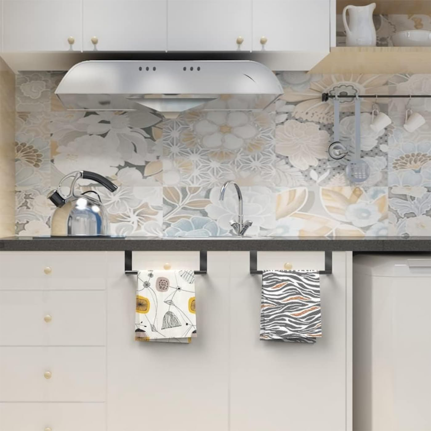 Over Door Towel Rack for Cabinet, 36Cm Dish Towel Holder Kitchen Towel Bar for Tea Towels，Over the Door Hand Towel Hanger for Kitchen Bathroom Cupboard（2 Pack Black） - Silver image number 6