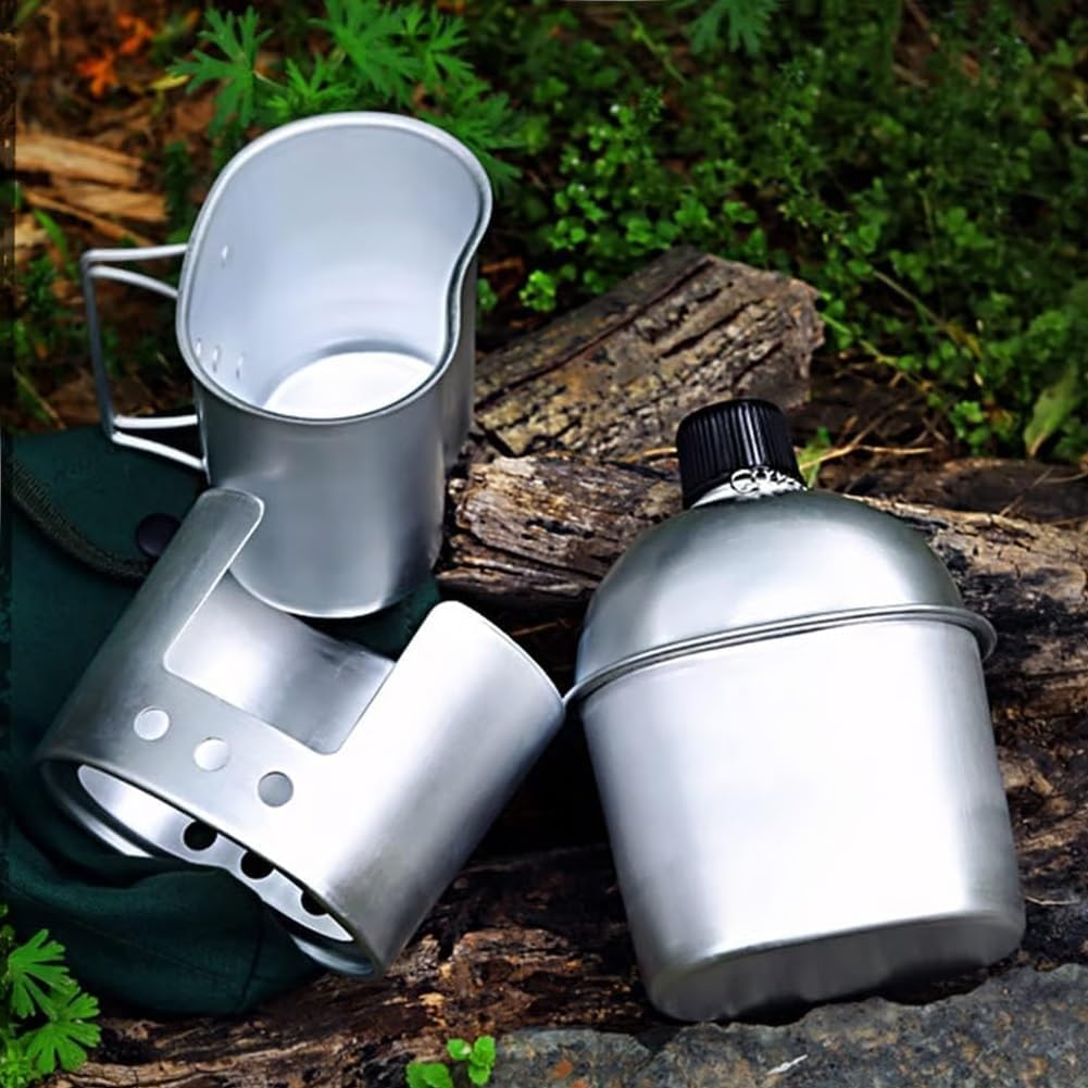 Military Canteen Set of 4, Canteen Cup Stove Pouch Kit, Multi-Functional Water Bottle, Portable Aluminum Cookware Kit, for Outdoor Camping Survival Hiking Backpacking image number 3