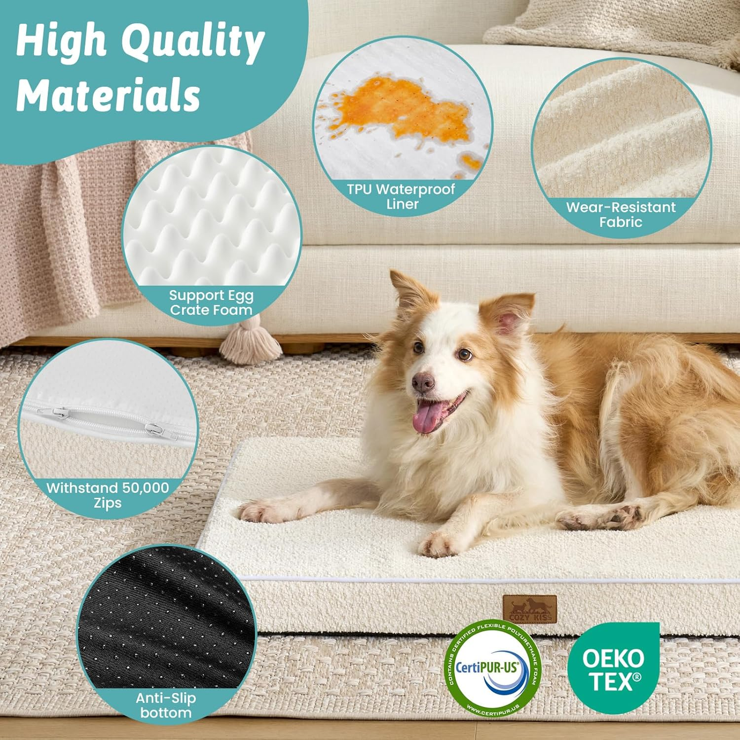 COZY KISS Orthopedic Dog Bed for Large Dog, Xlarge Removable Washable Cover with Waterproof Lining & Anti-Skid Bottom, Rectangular Foam Pet Bed, XL Size, 44X32X3 Inch, Beige image number 2
