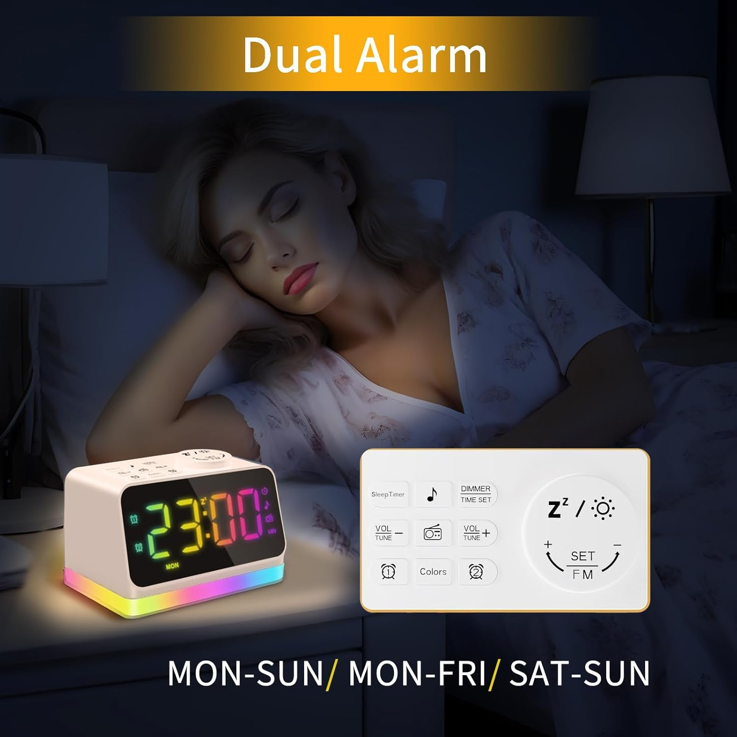 Digital Alarm Clock for Bedroom, 8 Colors Night Light with 2 Charging Port, Sleep Sound Machines with Timer, Dual Alarm, 12/24H, Loud Alarm，Fm Radio and Easy to Use for Seniors and Kids as Gift image number 6